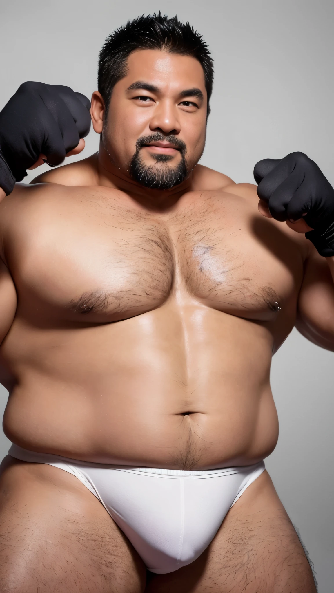 black hair, middle-aged man, individual, male, Muscular wrestler, muscular, Stout wrestler, Asian, Japanese, uncle, 55 year old middle-aged man, short hair, short hair, white wrestling boots, full body portrait, shadow, Vision, white briefs, obesity, 45 years old, short beard, middle-aged man, tattoo, fingerless gloves, Wheat skin, shiny skin, dark skin, Show your pectoral muscles, sumo wrestler, bodybuilder, wide temples, Visible abdominal muscles, Smile, Fine hands, solid color background, pure white background, Surrealism, Panorama, 8k, super detail,