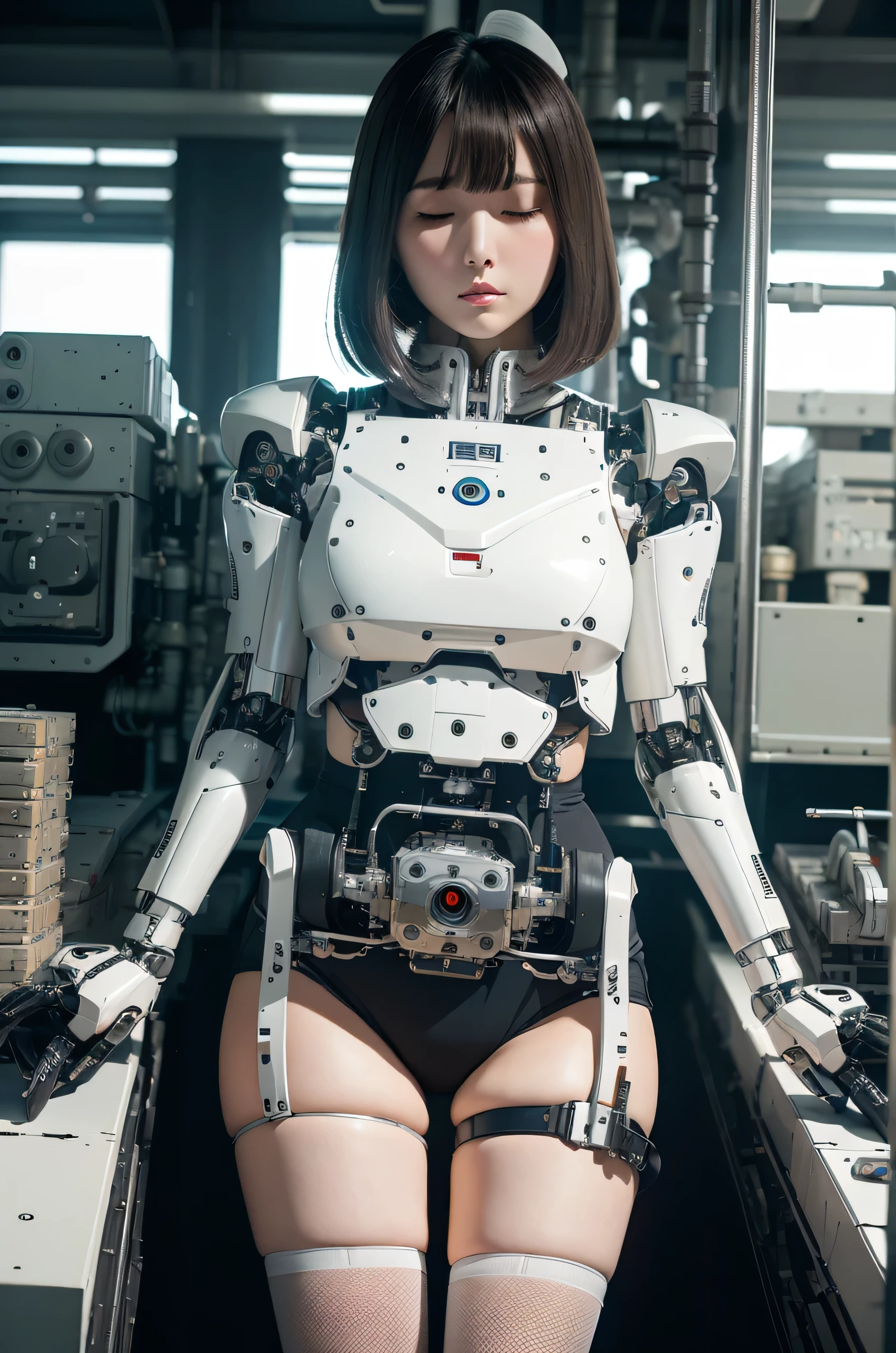 masterpiece, best quality, extremely detailed,8k portrait, Japanese android girl,Plump ,control panels,robot arms,robot,android,cyborg,white robot body,blunt bangs,robot repair plant,black knee high socks,（closing eyes:1.5）
