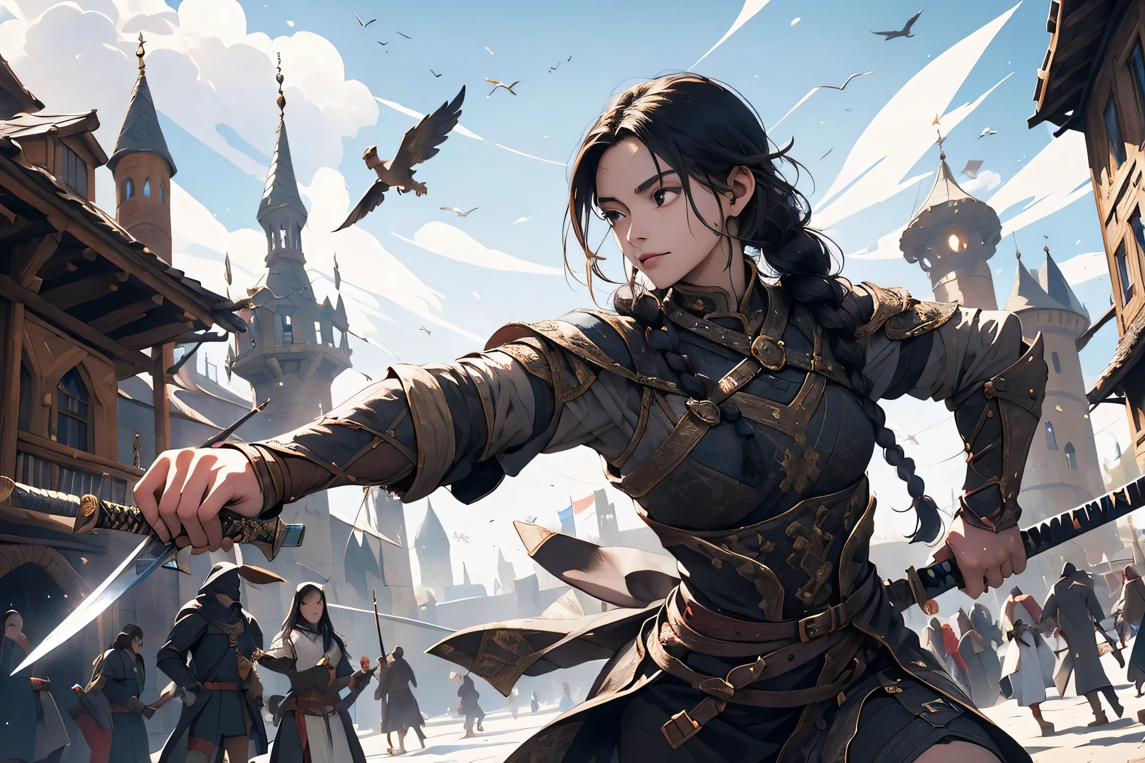 A dynamic illustration of a young girl with long black braided hair skillfully practicing swordplay in a medieval-themed city park, showcasing nimble and dexterous movements. Artistically styled in a fantasy setting reminiscent of medieval Europe, capturing the essence of bravery and agility