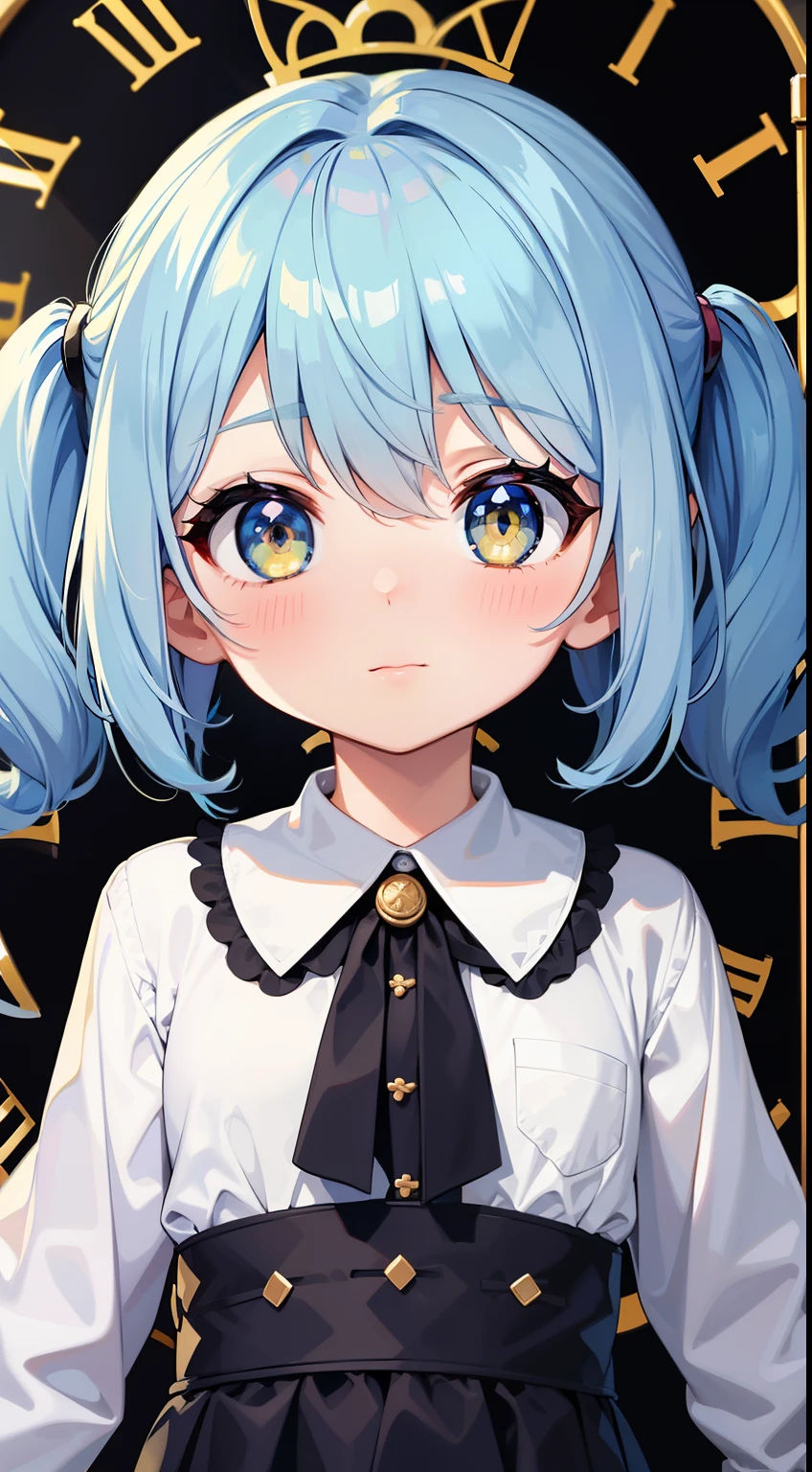 (high-quality, breathtaking),(expressive eyes, perfect face) 1girl, female, solo, 5, todhort Height, light blue color hair, yellow color eyes, medium hair length, cute pigtails, curly fluffy hair, like face, shirt, Symmetrical Eyes, portrait, halfbody, positive expression, Time Goddess, clock background, Adventurer clothing, magic background, time traveller theme