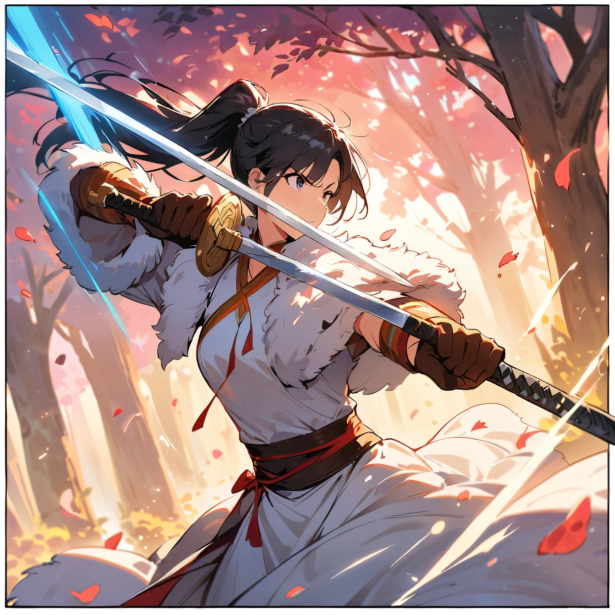 (windy),(blood),(motion blur),(dress in white),Petals fluttering in the wind, shining swords, helpless expression, anger, fighting with death, very detailed expression, very detailed petals,ponytail, 2swordsman fighting,fight,gongfu,stand in trees, 2swordsman stood in a peach tree forest with petals dancing,petals , detailed ,completing the stable diffusion of serenity and contentment,masterpiece, best quality,masterpiece, best quality, swordman,holding a sword(trees:0.5),(eagle:0.5), (bamboo:0.2) fighting stance, 1man, glowing, solo, weapon, sword, tree, holding, gloves, outdoors, sheath, border, holding weapon, black hair, holding sword, fur trim, looking away,look at view