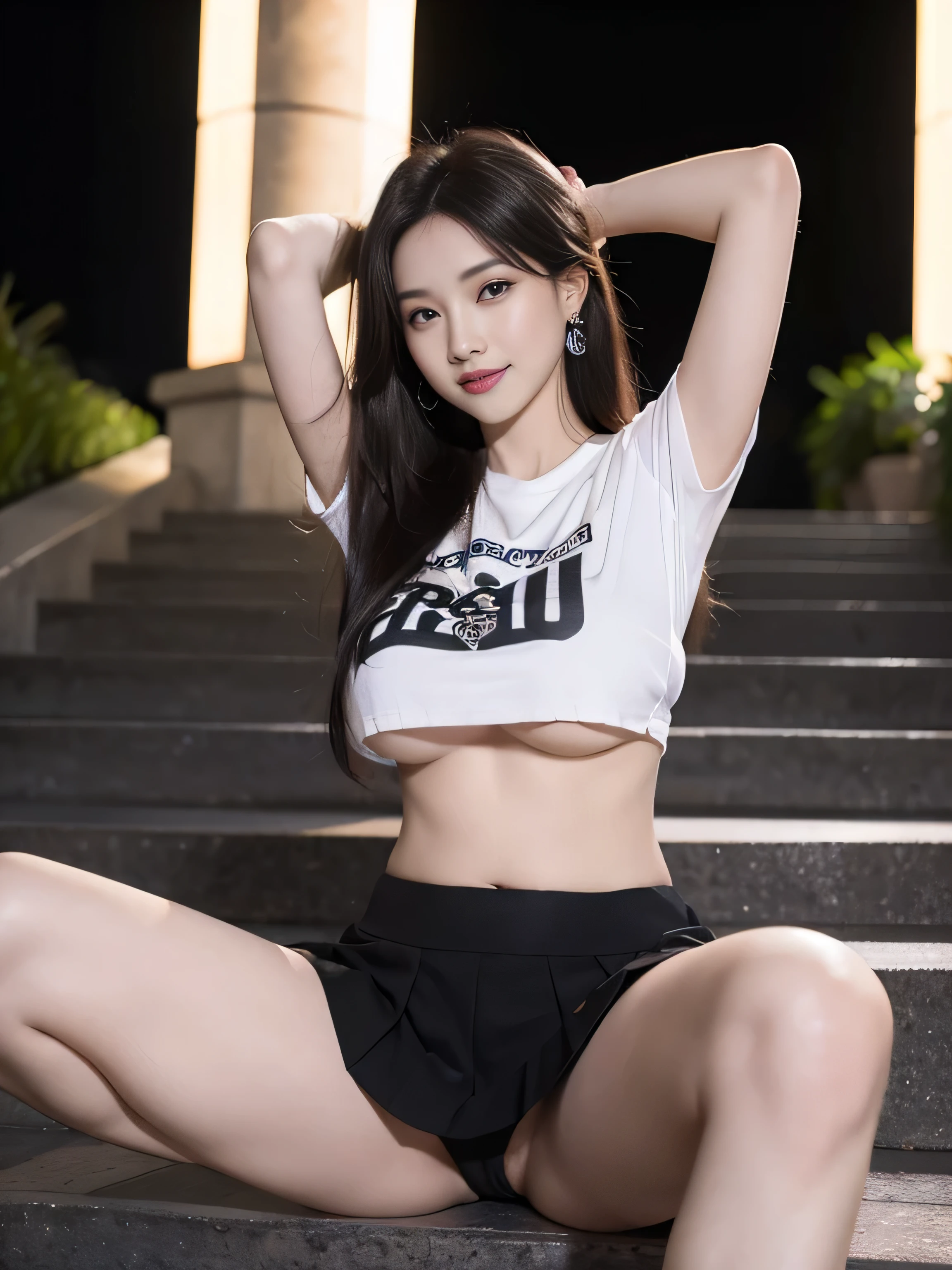 (master piece:1.5)、(8K high quality)、(Highest image quality)、(Photographed by a professional photographer)、(very bright pictures)、(large, clear eyes)、long eyelashes、、ultimate face、realistic light on face、distinct facial featureilky white skin、realistic skin details)、best portrait、(Shooting from a distance:1.5)、one cute korean girl、beautiful detailed eyes、beautiful detailed nose、(Beautiful face with double eyelids)、( full body image)、30 years old、(beauty 1.2)、slender、(Wearing a T-shirt:1.2)、straight long hair、Lame around the eyes、lipstick、earrings、((T-shirt color is plain))、very beautiful legs、((Photographed on the Roman steps at night)))、((smile at the audience))、((Shooting angle from the front))、(eye contact with the audience)、(sitting with legs spread)、Very beautiful figure, (Wearing a pleated skirt), , big breasts, 超big breasts, ((T-shirt length is very short, I can see your underboob, I like showing my underboob to the viewers., under boob)), sitting with legs spread, (The lower half of the breasts are exposed, ), I like spreading my legs, Spread your legs, Please do a pose that shows your armpits