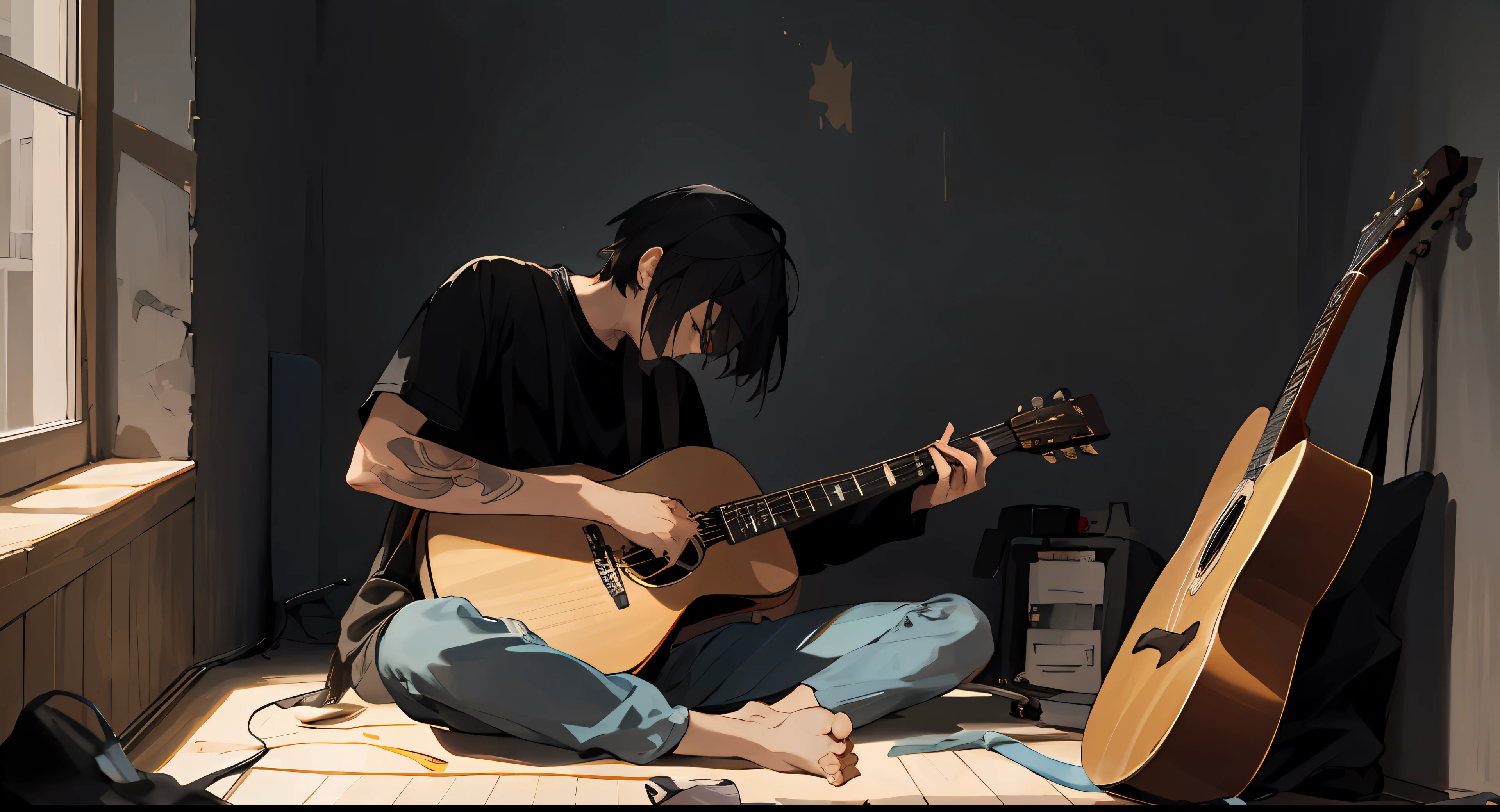 there is a man sitting on the floor playing a guitar, playing the guitar, playing the guitar, playing a guitar, Man playing guitar, tocando guitarra, O guitarrista, guitarrista, musician, the girl plays the guitar, cantor e compositor, solo de guitarra, cantor - compositor, is playing a lute, alessio albi, holding a guitar, tocando guitarra no palco