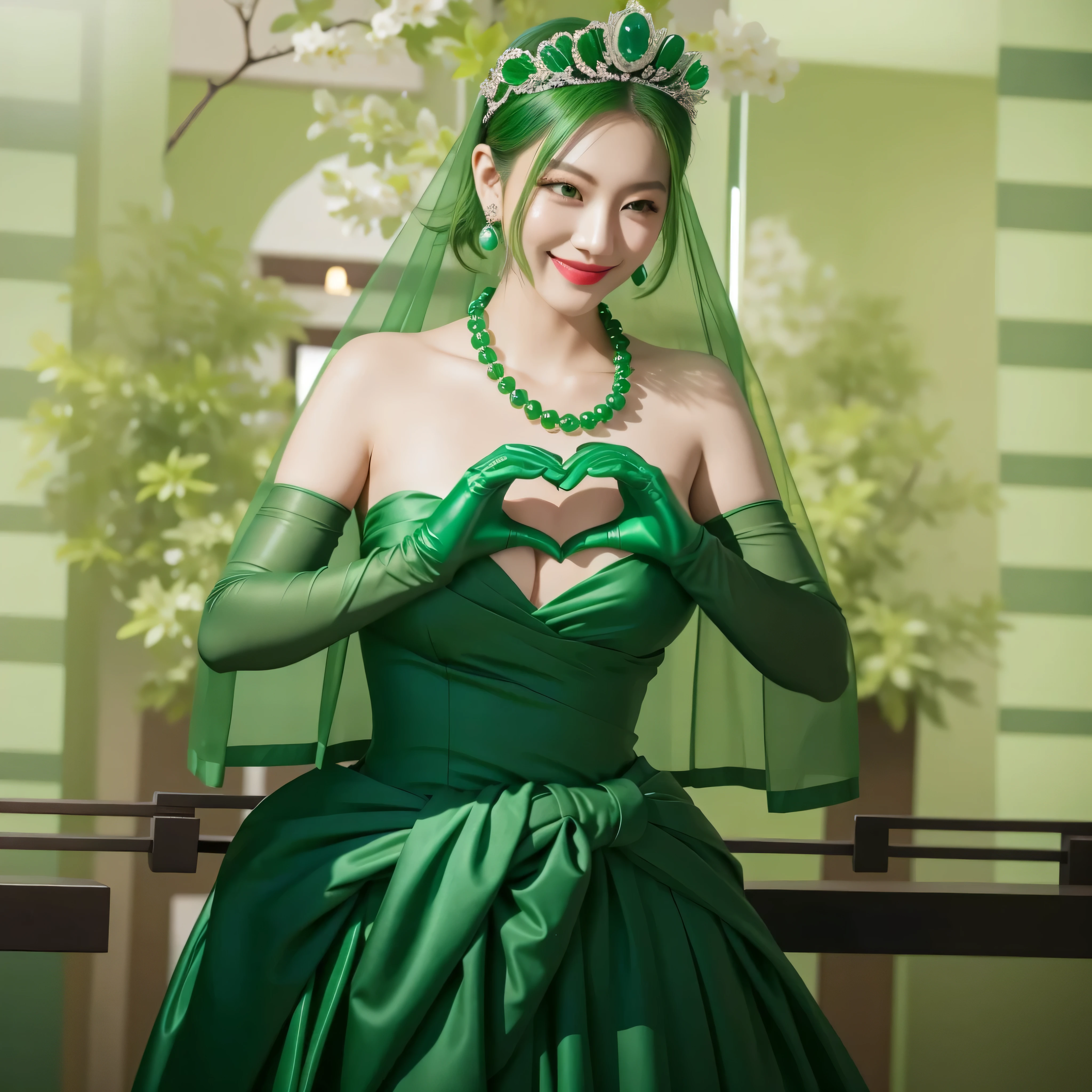 emerald tiara, green pearl necklace, boyish very short green hair, green lips, smiling Japanese woman, very short hair, Beautiful woman with big breasts, green eyes, green satin long gloves, green eyes, emerald earrings, green veil, Heart with both hands, green hair, beautiful japanese woman, heart shaped hands:1.3, green lip gloss