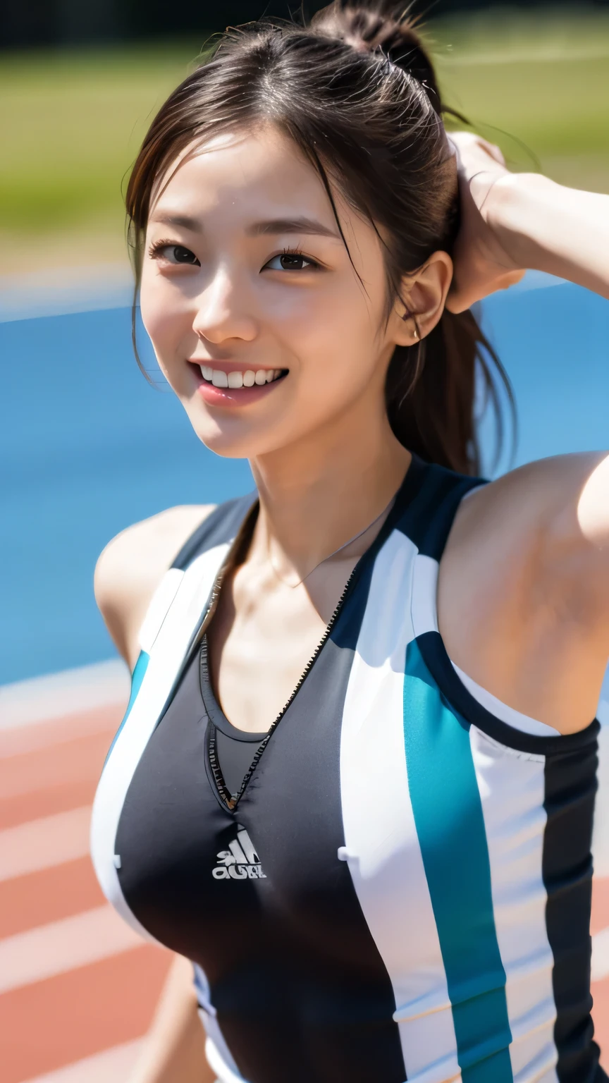 masterpiece, elegant. Ultra-fine details, masterpieces, realistic textures, realistic cinematic lighting, perfect work, 8k, HD, delicate facial features, (upper body), (large breasts:1.2), smile, (Japanese idol:1.3), Professional lighting, 
Vibrant orange track suit with reflective stripes, Energetic, Running track under the bright sun, Running shoes,