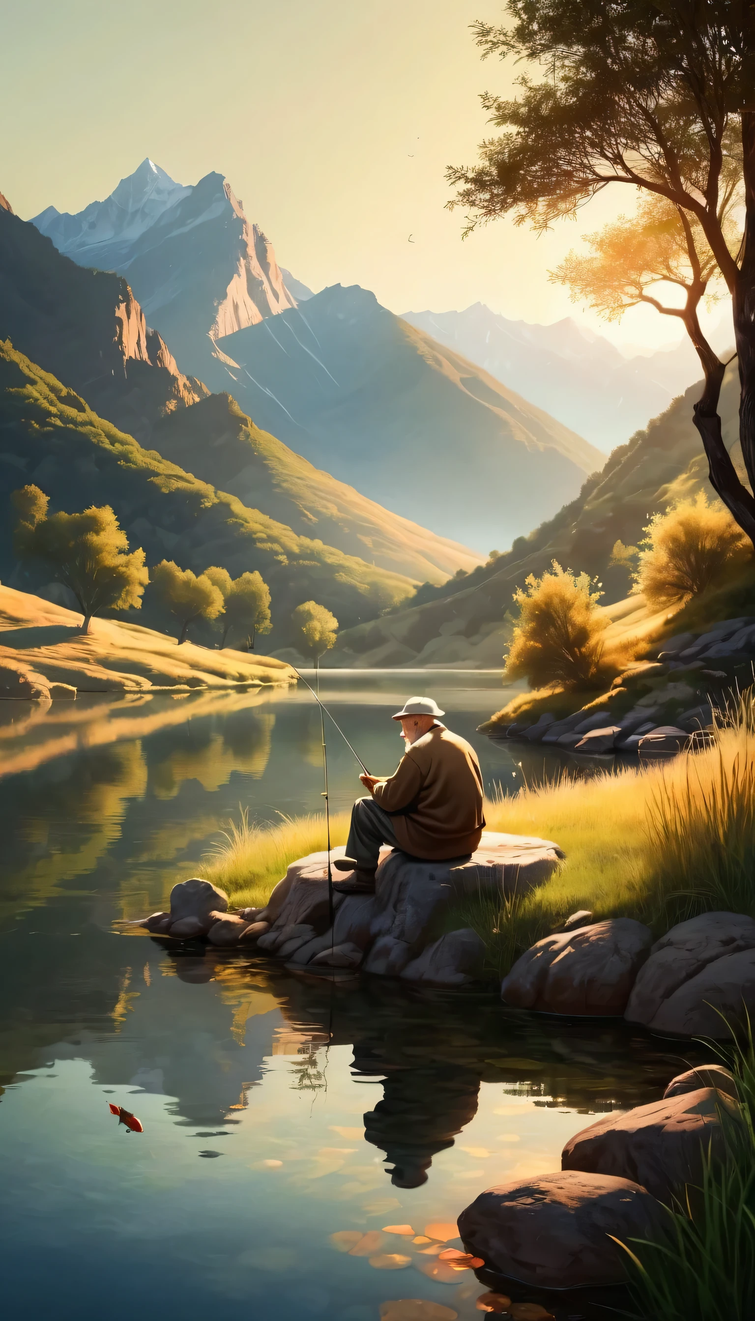 pond in the mountains, evening time, old man sitting by the pond and fishing, shade of a tree, fine detail illustration, high contrast, natural lighting, stunning rendering, top quality, best quality, warm colored,
