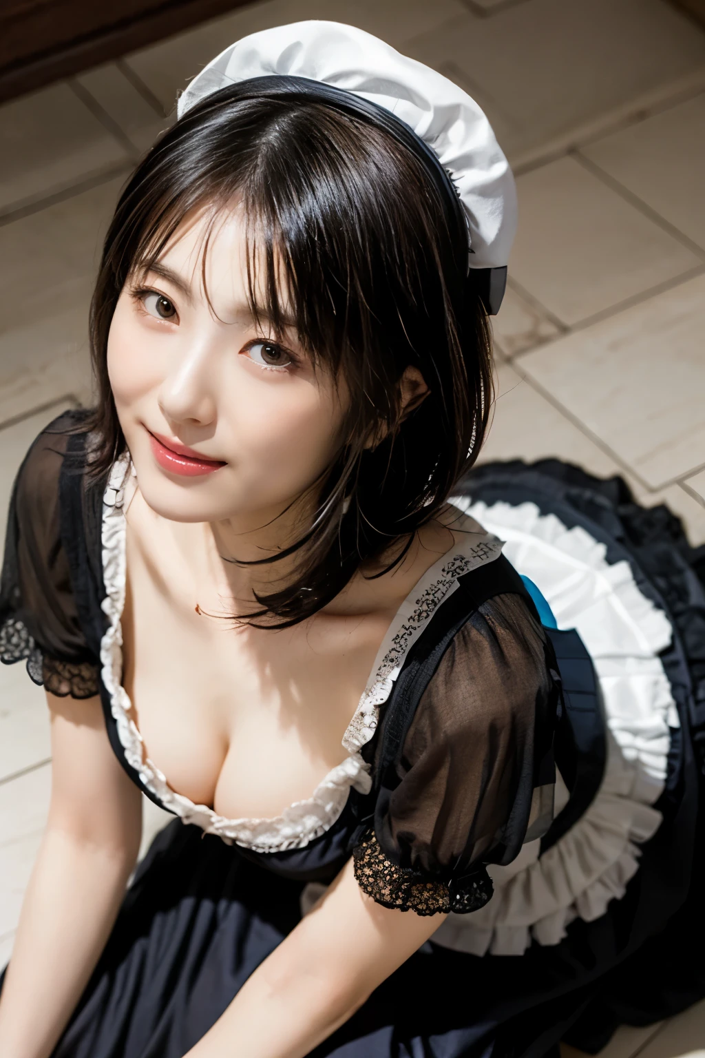 Sheer Maid Clothes，short- sleeved，Female hat，kneeling down，full bodyesbian，High viewing angle looks down from above，shyexpression,Blushing,Emphasize the cleavage,smile