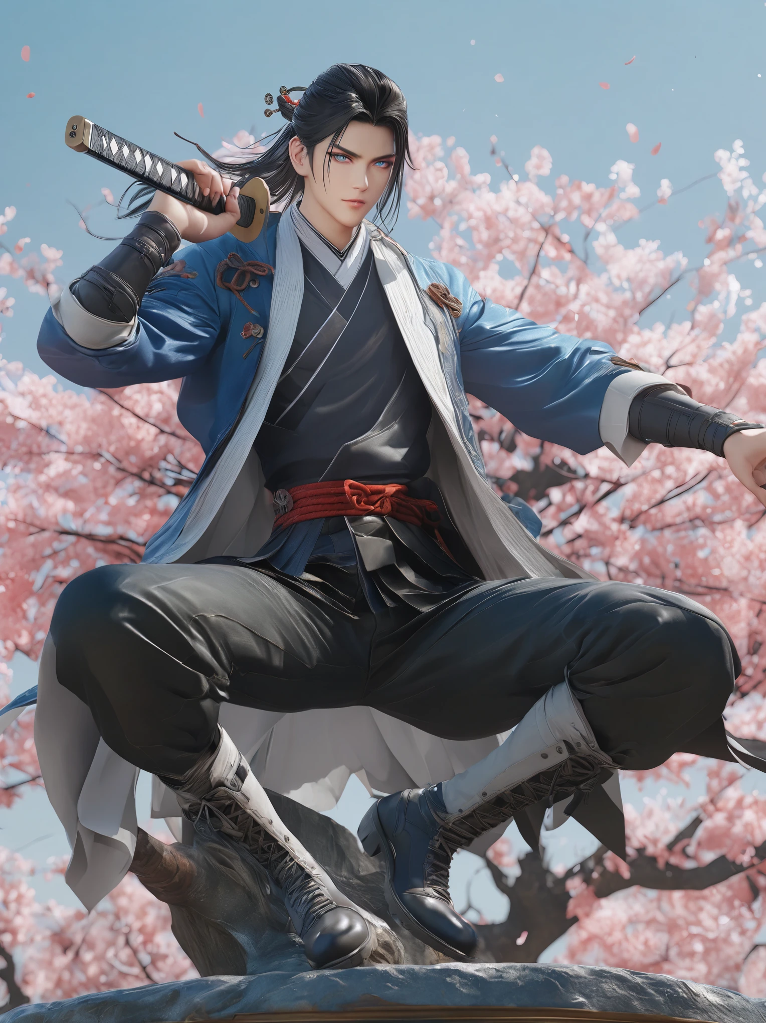 diy14,Highest quality, ultra-high definition, masterpieces, 8k, realistic, anime styled, 3d render,anime - style image of a man in a black suit and red and blue jacket, handsome guy in demon slayer art, anime style 4 k, badass anime 8 k, handsome anime pose, tall anime guy with blue eyes, by Yang J, high quality fanart, anime art wallpaper 8 k, high quality anime artstyle, young anime man, demon slayer rui fanart