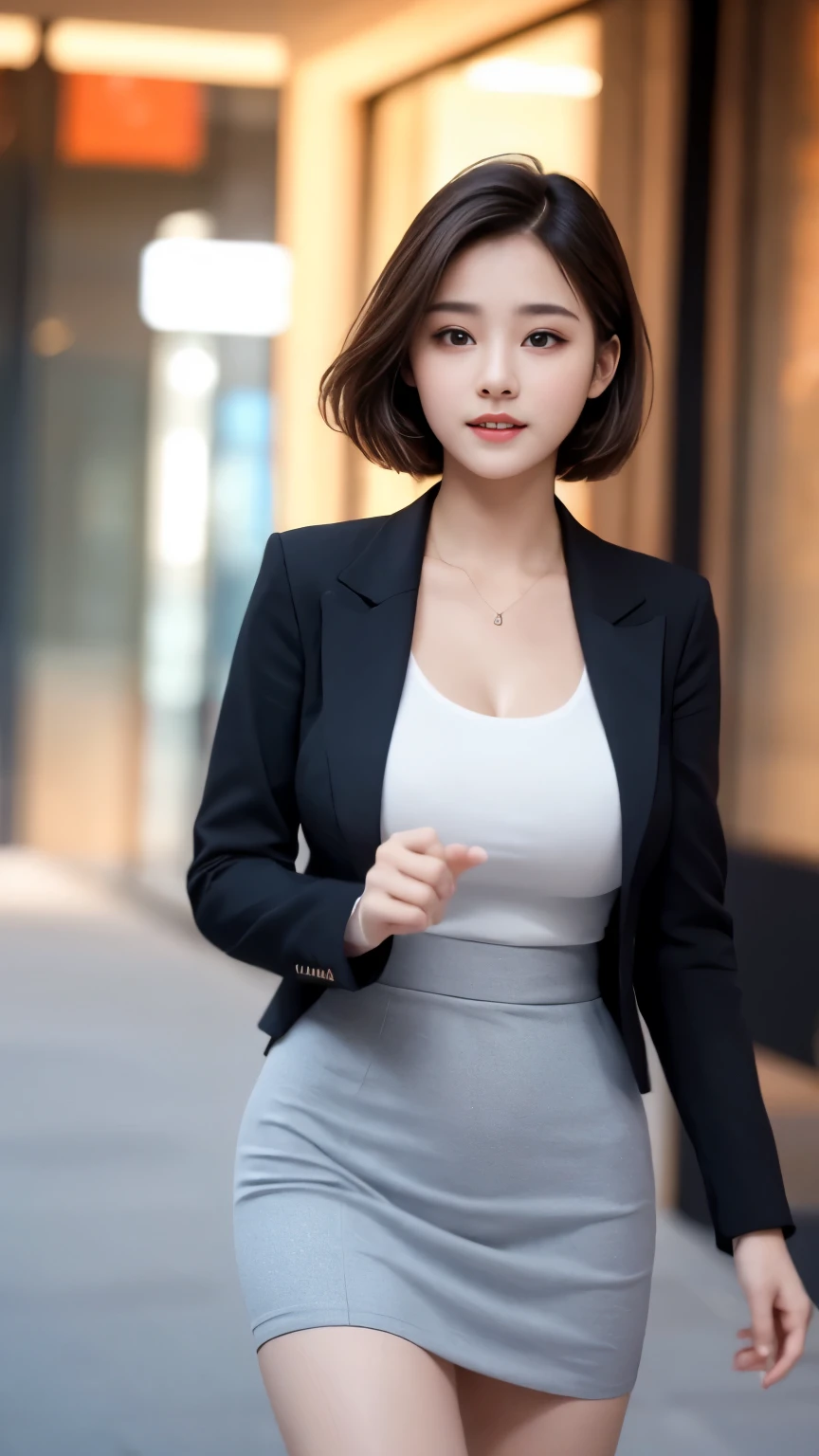 best quality, masterpiece, 1girl, Beautiful face, (photo realistic:1.3), rim lighting, (high detailed skin:1.2), 8k uhd, dslr, high quality, high resolution, 4k, 8k, Bokeh,  absurdres, best ratio four finger and one thumb, (realistic:1.3), cute 1girl, wearing black formal blazer, medium breasts, short skirt,