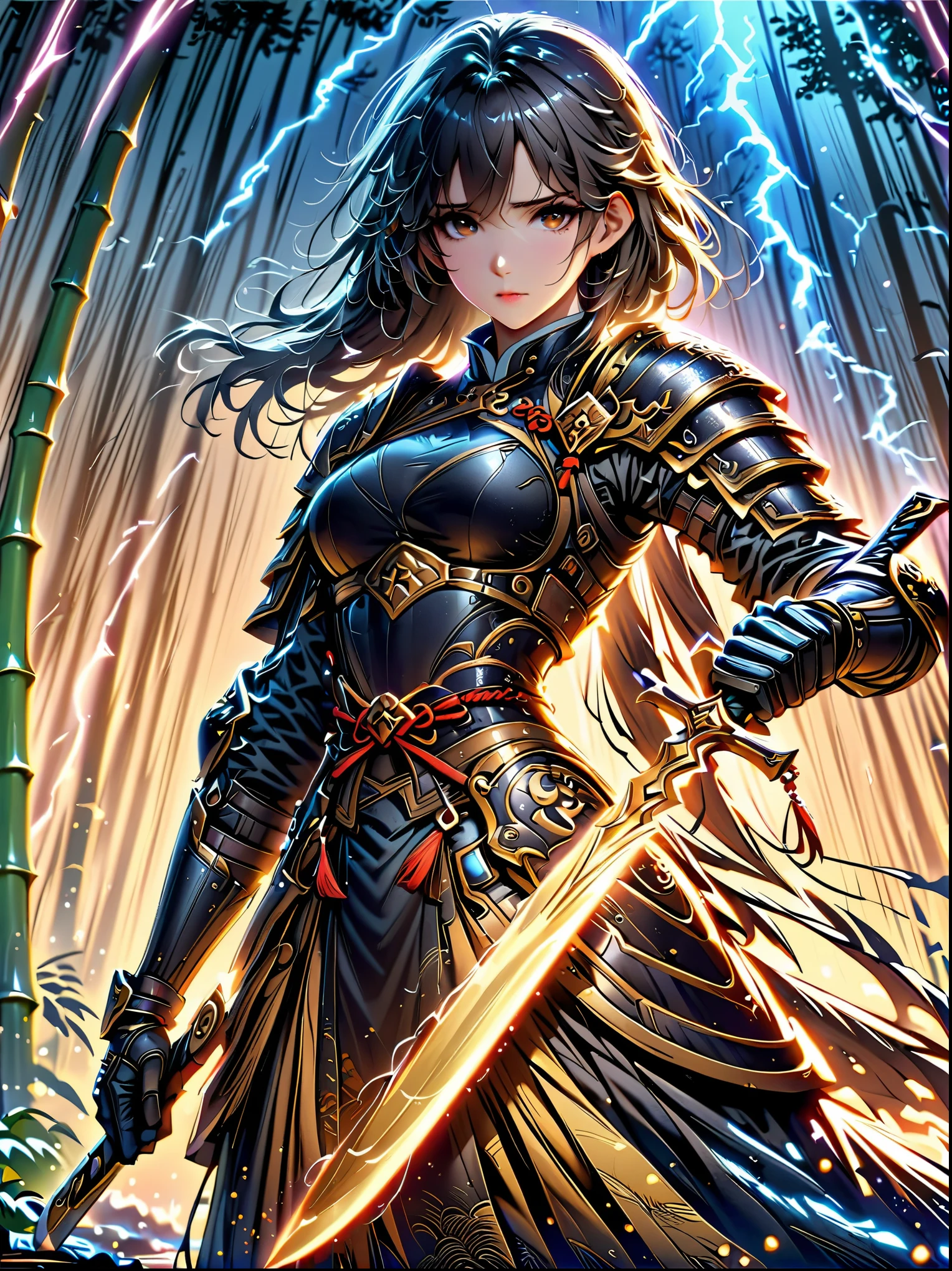 fantasy，forest scenery photo，Chinese martial arts style，Skin is moist and shiny，(25-year-old female samurai wearing black combat clothing，Holding golden decoration and glowing knife)，(In a dense bamboo forest，Forest trails，night，thunderstorm，heavily clouded，rainwater:1.2)，Chinese style，barbara(Genshin:0.5)，Elsa(Frozen:0.5)，(fine details:1.2)，black hair，wavy hairstyle，light，sad，brown eyes，Symmetrical facial features，Delicate hands，Exquisite fingers，Combat attire，(masterpiece:1.2)，(Epic composition:1.4)，(talent:1.2)，Super details，Highly detailed，Crazy details，(Realistic photos:1.2)，HDR，8K，Exquisite，sharp，grace，Dreamy bright colors，high quality，