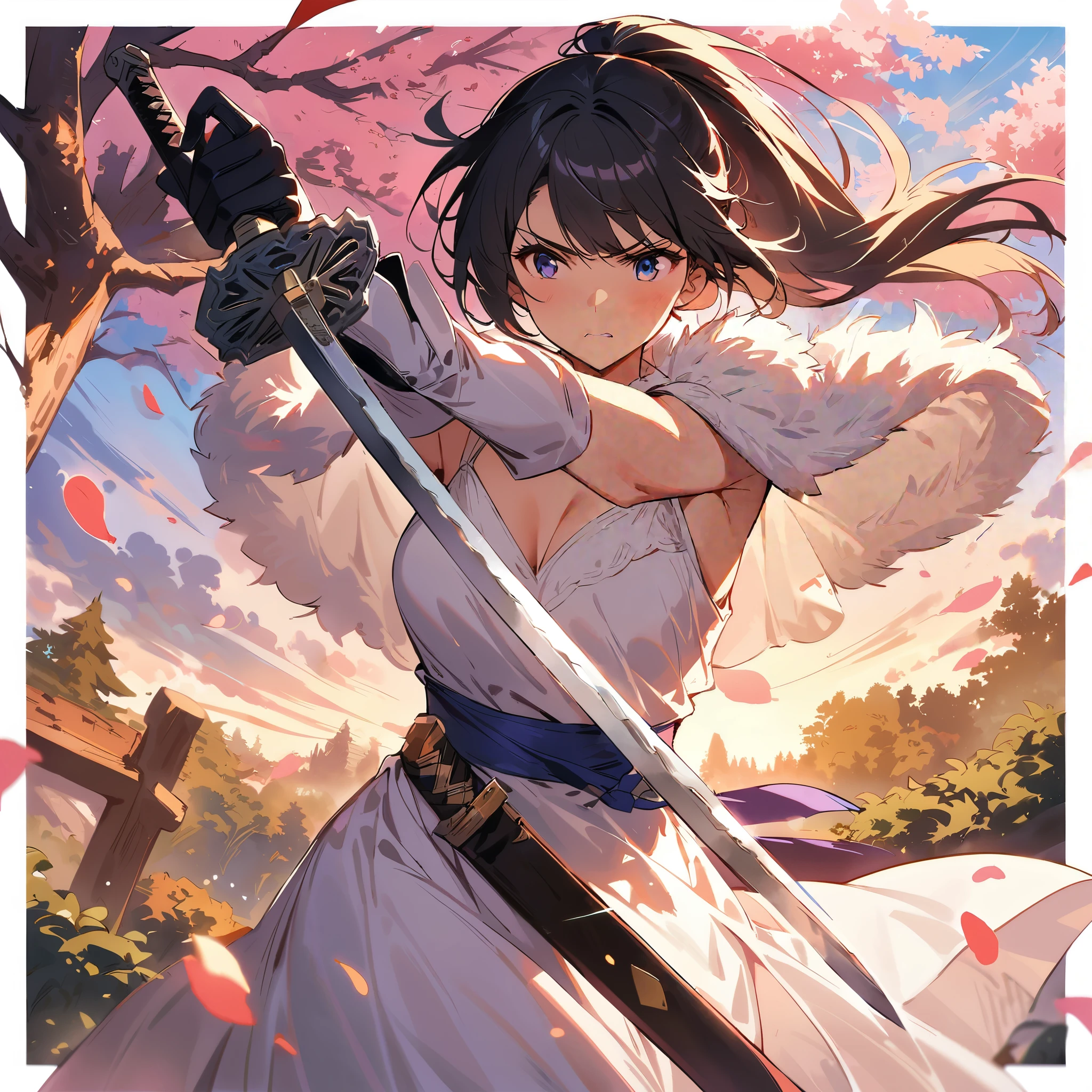 (windy),(blood),(motion blur),(dress in white),Petals fluttering in the wind, shining swords, helpless expression, anger, fighting with death, very detailed expression, very detailed petals,ponytail, 2swordsman fighting,fight,gongfu,stand in trees, 2swordsman stood in a peach tree forest with petals dancing,petals , detailed ,completing the stable diffusion of serenity and contentment,masterpiece, best quality,masterpiece, best quality, swordman,holding a sword(trees:0.5),(eagle:0.5), (bamboo:0.2) fighting stance, 1man, glowing, solo, weapon, sword, tree, holding, gloves, outdoors, sheath, border, holding weapon, black hair, holding sword, fur trim, looking away,look at view