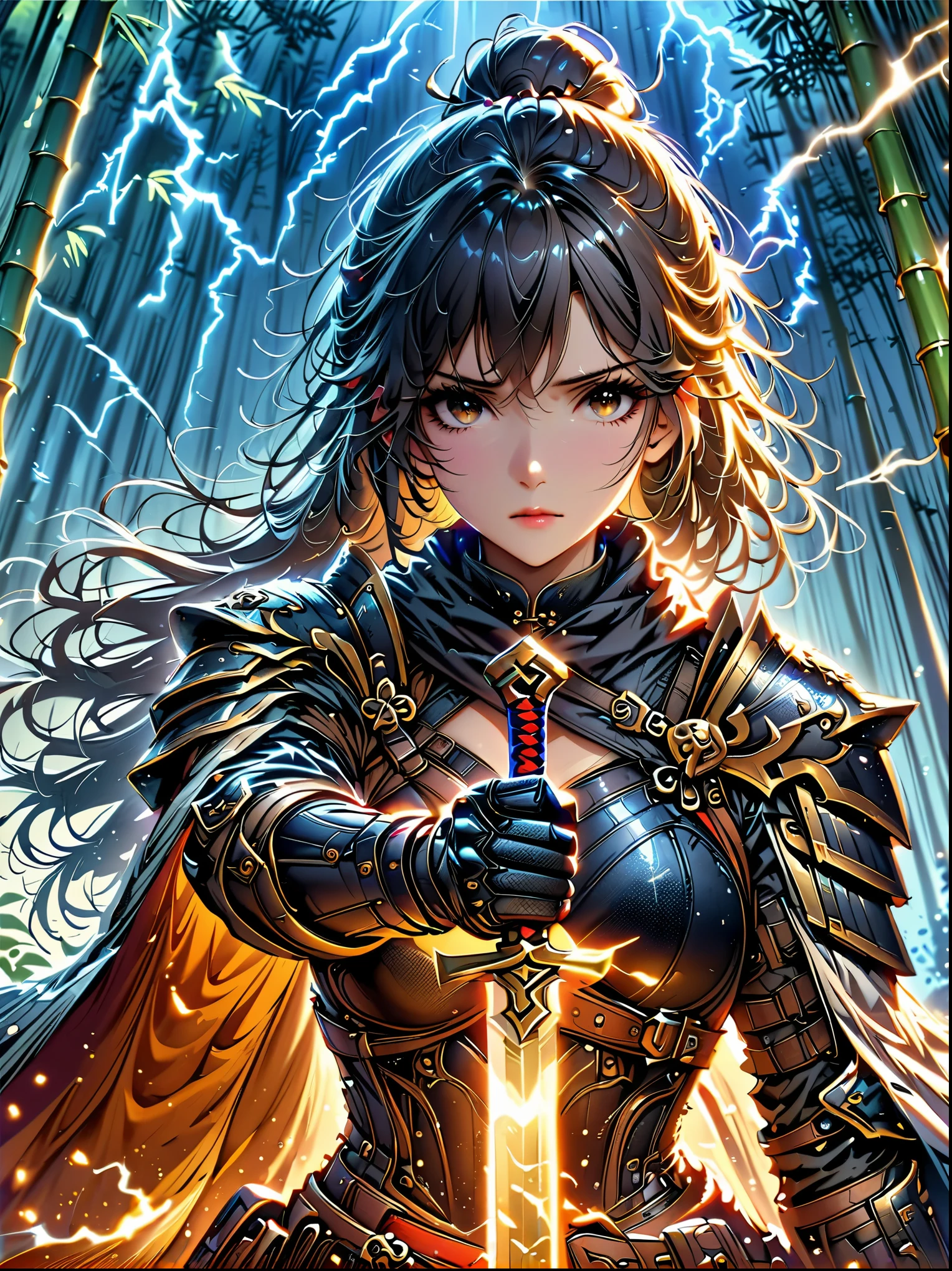 A woman in armor holding a sword in a forest - SeaArt AI