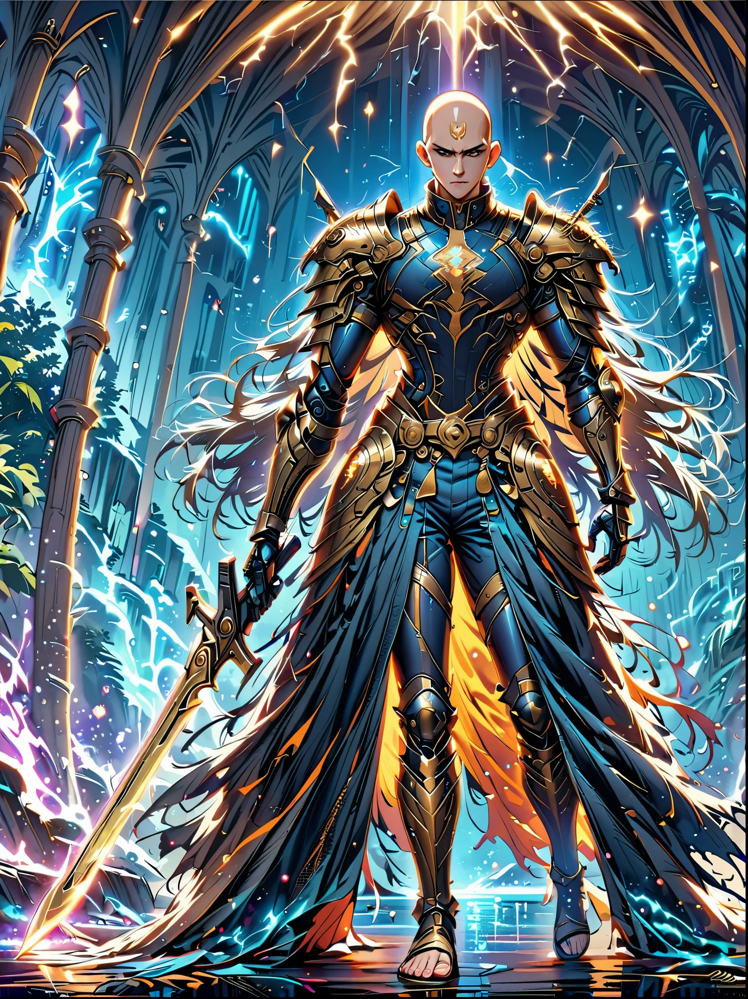 ((imagine))，((whole body))，(bald:1.5)，((Aang))，《Avatar the last airbender anime》, ((standing_split))，Wearing luxurious, intricate, luxurious and noble clothing，Robot arms and legs，Standing by the lake，straw sandals ，Holding a gun with one hand，Aim at you，anatomically correct, ccurate，in the style of futuristic，cyberpunk，high detail