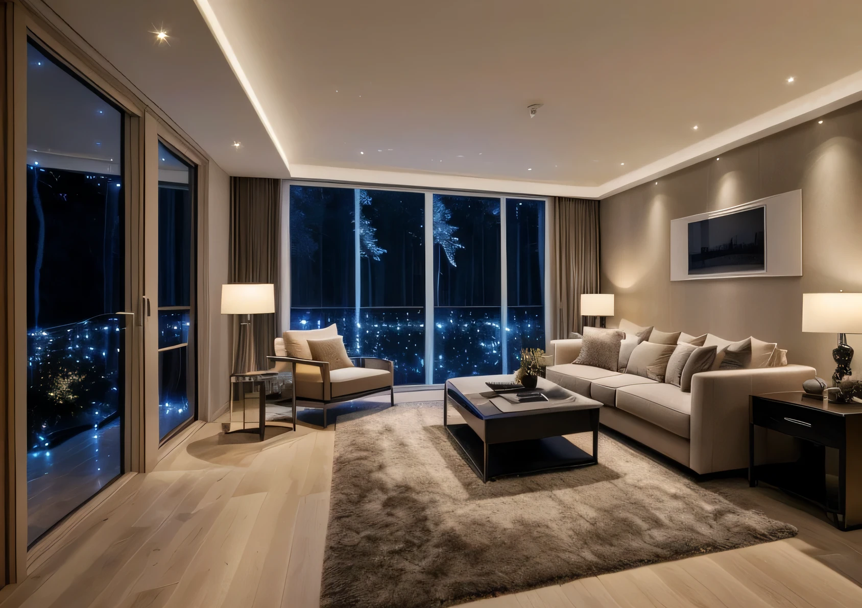 (( best quality)) (( ultral realistic)) photo of living room, nightlight, light, overlooking the forest,(room with lots of lights), luxury of style, homey,