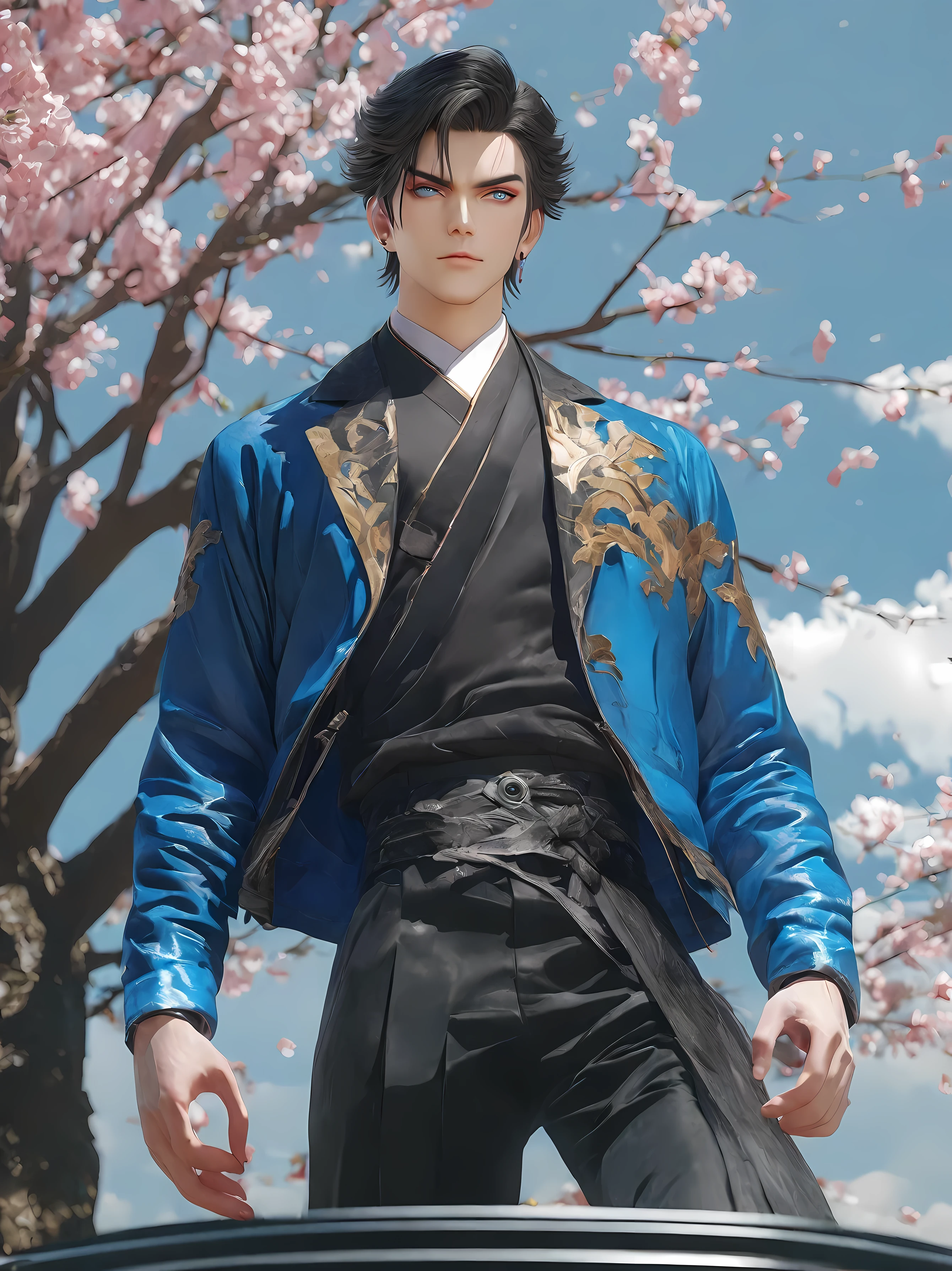 diy14,Highest quality, ultra-high definition, masterpieces, 8k, realistic, anime styled, 3d render,anime - style image of a man in a black suit and red and blue jacket, handsome guy in demon slayer art, anime style 4 k, badass anime 8 k, handsome anime pose, tall anime guy with blue eyes, by Yang J, high quality fanart, anime art wallpaper 8 k, high quality anime artstyle, young anime man, demon slayer rui fanart