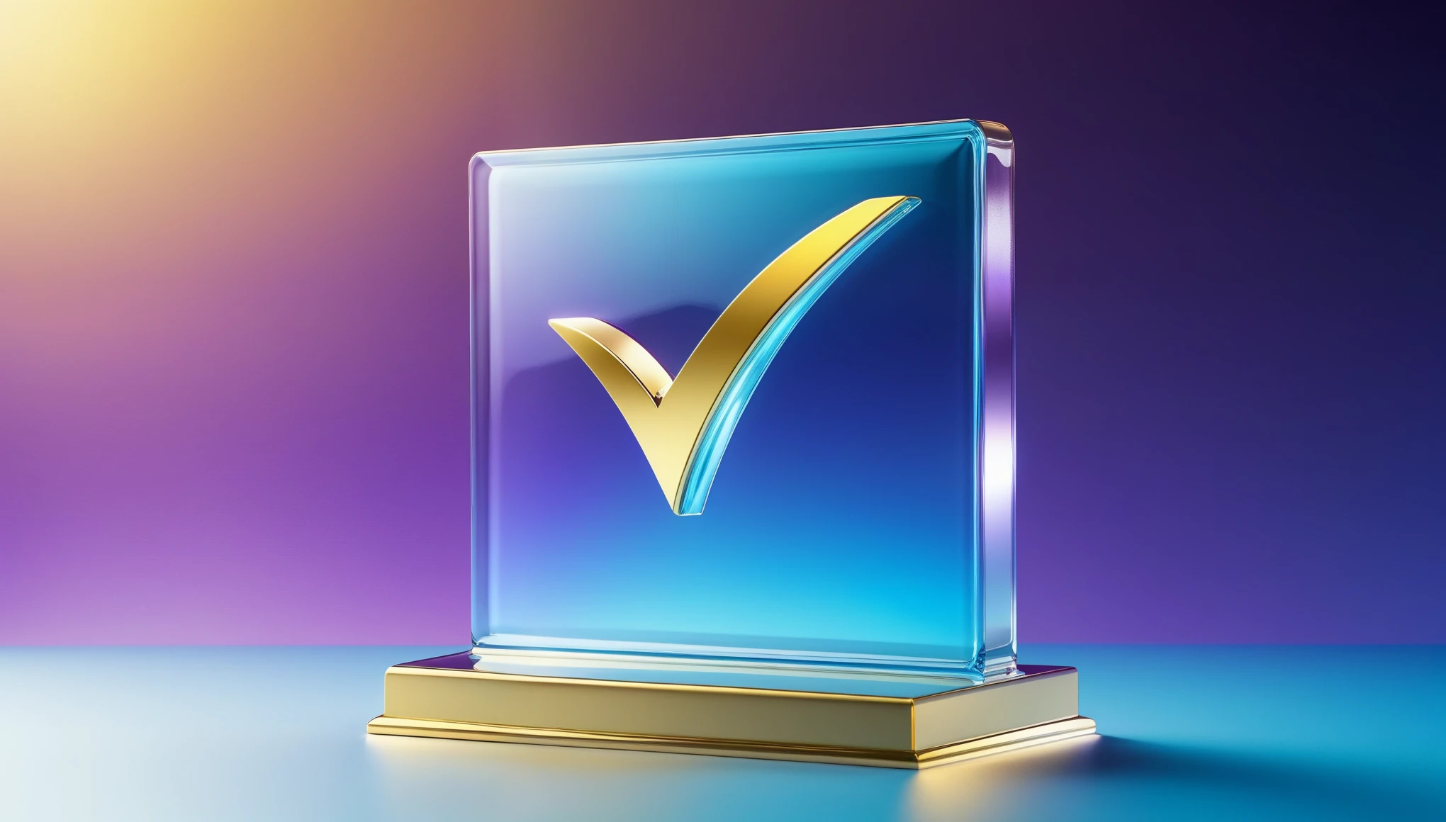 (future technology), (Close-up of golden check mark on a piece of glass), blue to purple gradient background, Fantasy space city background, Wonderful light and shadow effects