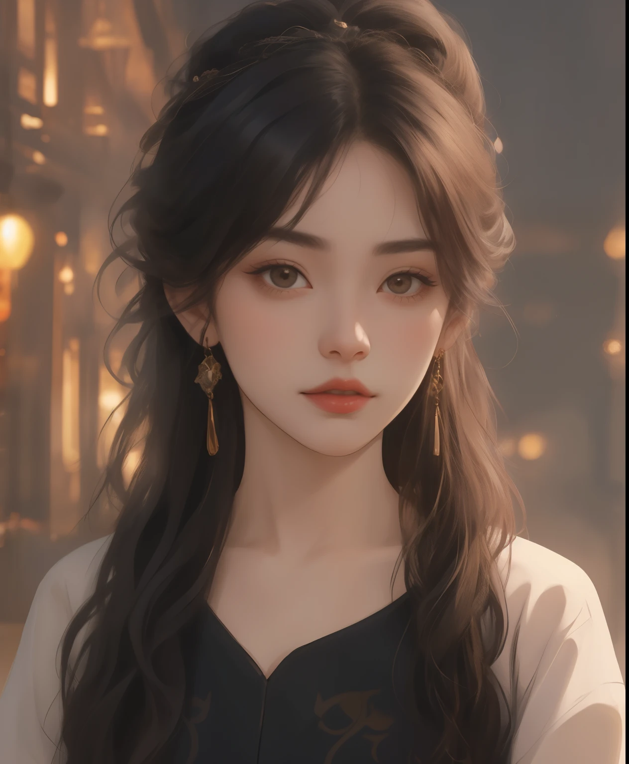 "ultra-detailed, realistic portrait of a girl wearing a porcelain turtleneck dress. The dress is exquisitely adorned with delicate hair accessories and a beautiful necklace. The girl's face is meticulously crafted, featuring detailed jewelry and stunningly defined facial features. The skin texture is of the highest quality, with lifelike shading and highlights that create a three-dimensional effect. The lighting is expertly done, with shadow work and studio-edge illumination, accentuating the girl's impeccable beauty. The image is captured with a high-resolution 8K digital camera, ensuring every fine detail is visible. The background is intentionally blurred, allowing the focus to solely be on the girl and her attire. The overall atmosphere is elegant and refined, with a touch of mystery and sophistication. This masterpiece showcases the perfect combination of artistry and technological precision, resulting in a visually stunning and awe-inspiring piece."