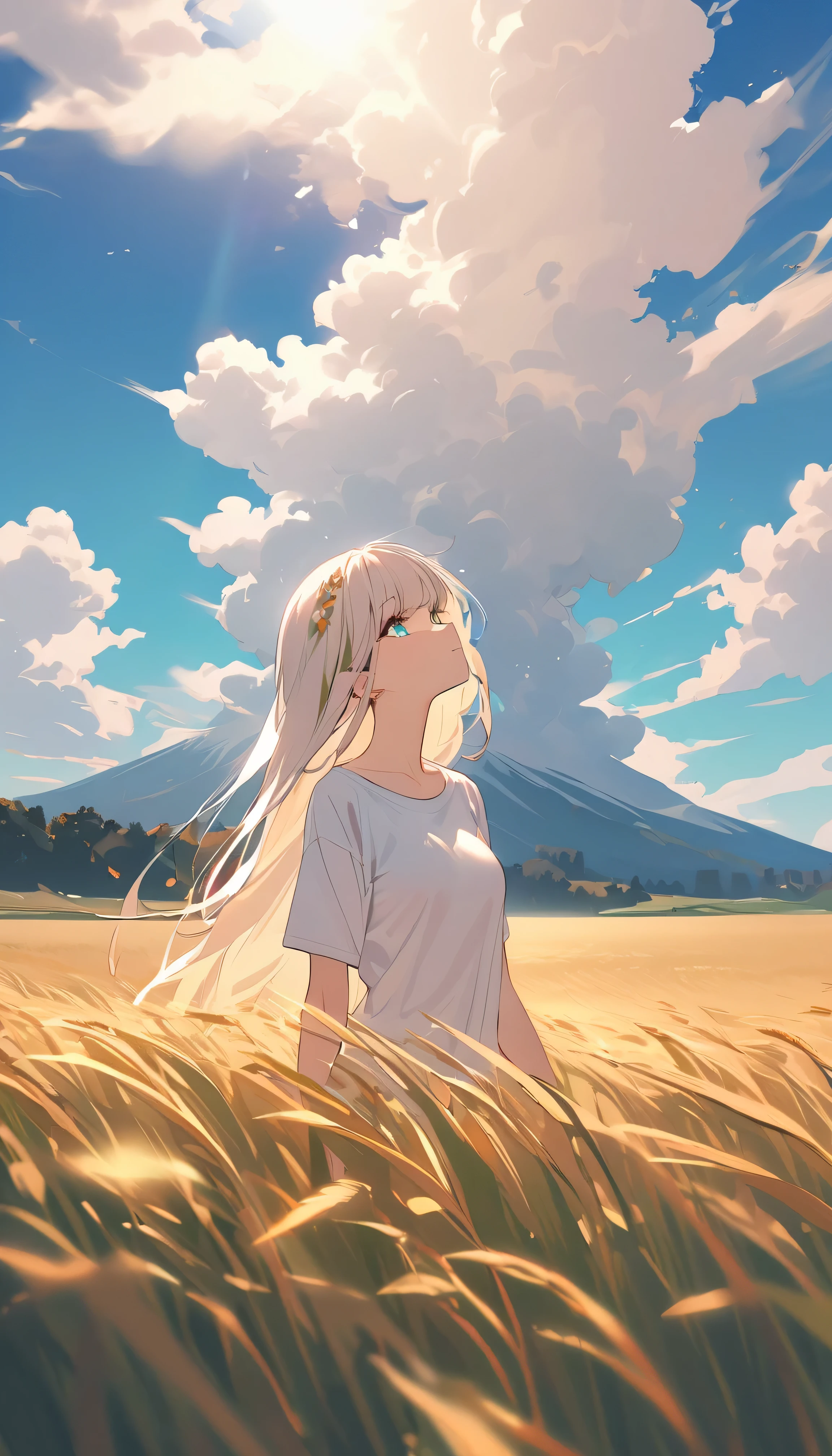Masterpiece, saturate, full HD, best quality, 1girl, ( young girl, cute girl), slim body.medium breast, white light hair.detailed beautiful eyes. Glowing eye. Bright aqua eyes, long hair, bangs. White T - shirt oversized, bandage at her face. Green leaf hair ornament. girl's head facing up, standing at wheat field, day sky, Columbus cloud