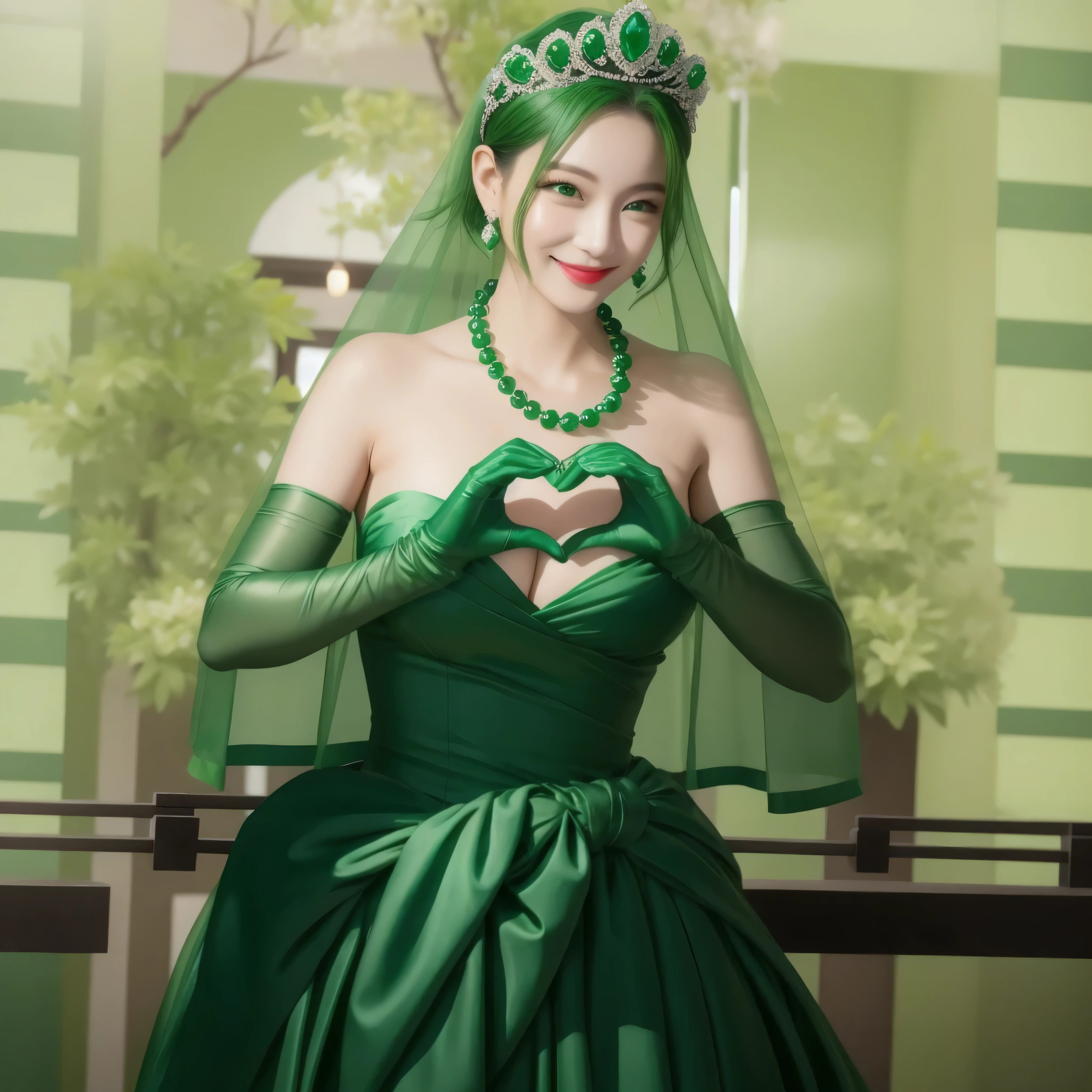 emerald tiara, green pearl necklace, boyish very short green hair, green lips, smiling Japanese woman, very short hair, Beautiful woman with big breasts, green eyes, green satin long gloves, green eyes, emerald earrings, green veil, Heart with both hands, green hair, beautiful japanese woman, heart shaped hands:1.3, green lip gloss