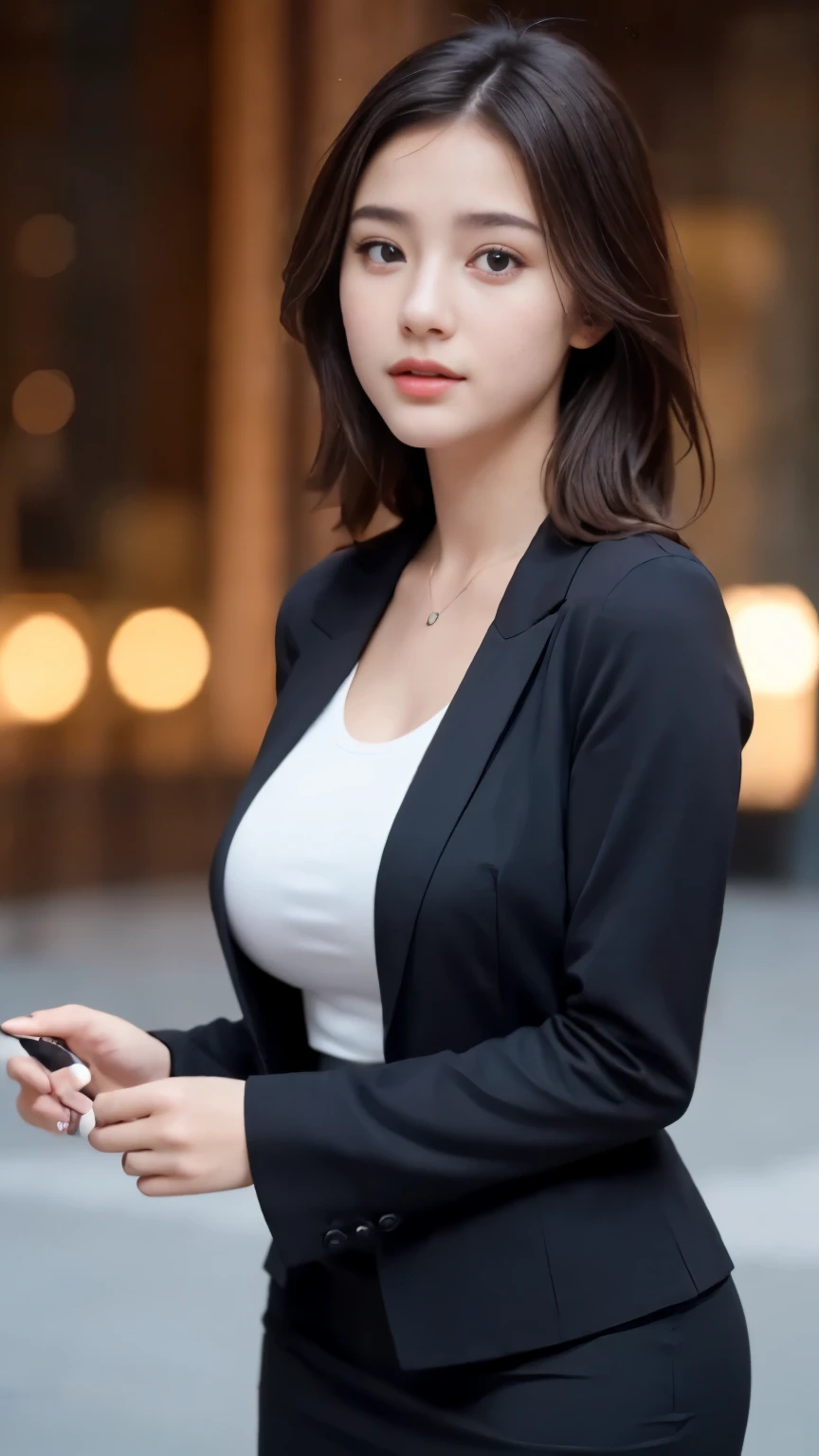 best quality, masterpiece, 1girl, Beautiful face, (photo realistic:1.3), rim lighting, (high detailed skin:1.2), 8k uhd, dslr, high quality, high resolution, 4k, 8k, Bokeh, absurdres, best ratio four finger and one thumb, (realistic:1.3), cute 1girl, wearing black formal blazer, medium breasts, short skirt,