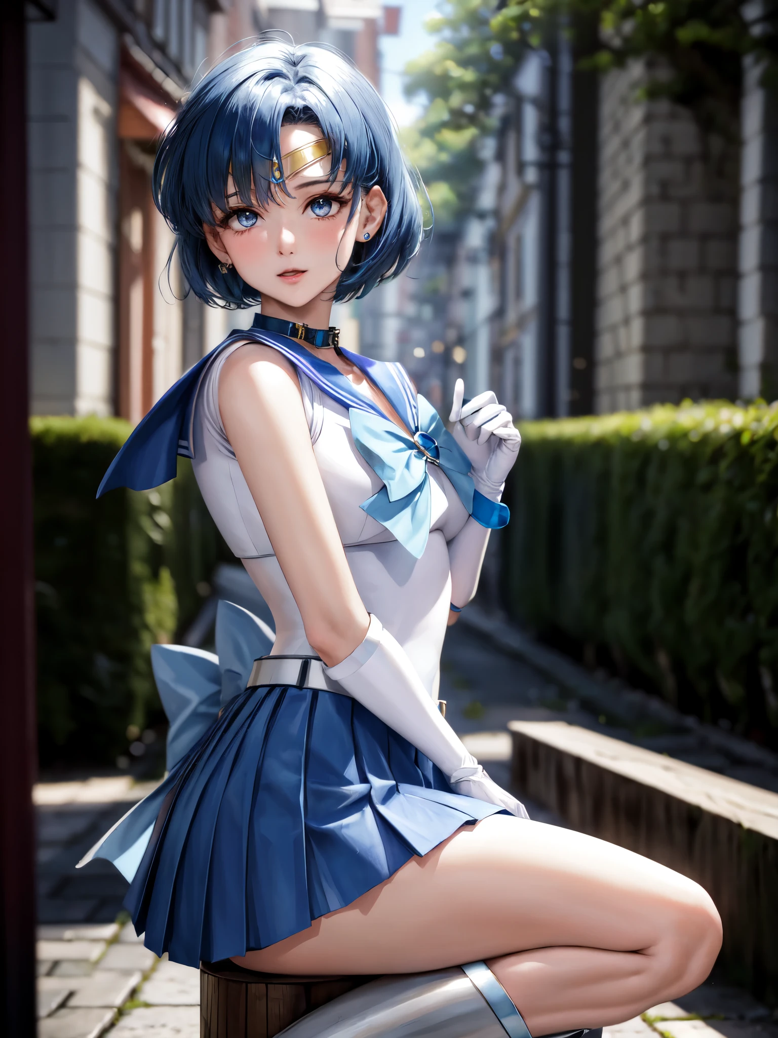 masterpiece, highest quality, High resolution, See more1, tiara, sailor warrior uniform, blue skirt, Blue Sailor collar, headdress, bow, knee length boots, collar, white gloves, Blue collar, elbow bag, jewelry, earrings, pleated skirt, denim photography, outdoor, background bokeh (85mm lens), Face-to-face camera