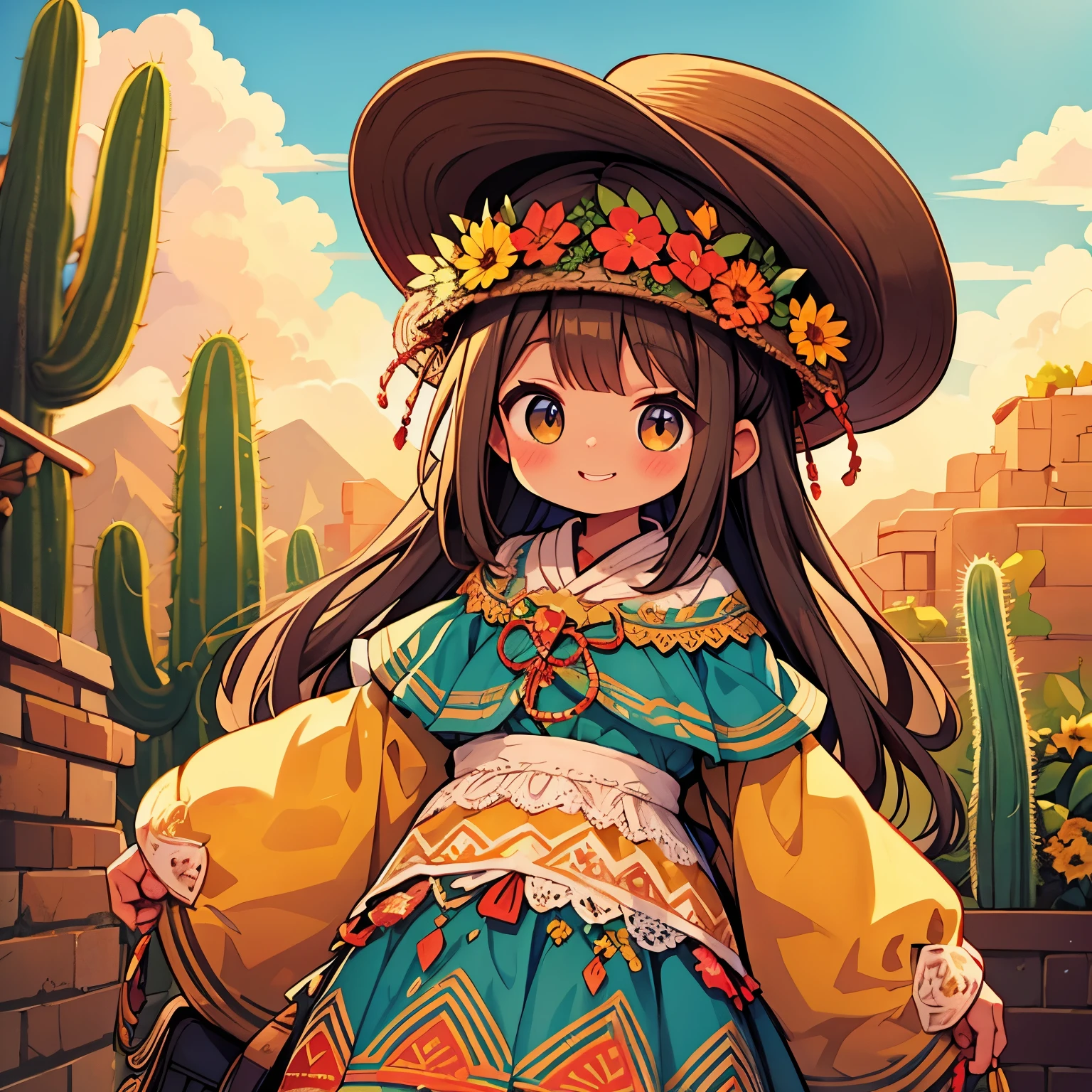 mexico tourism、cactus、desert、pretty girl、happy face、Mexican national costume、brown skin、masterpiece、highest quality、best image quality