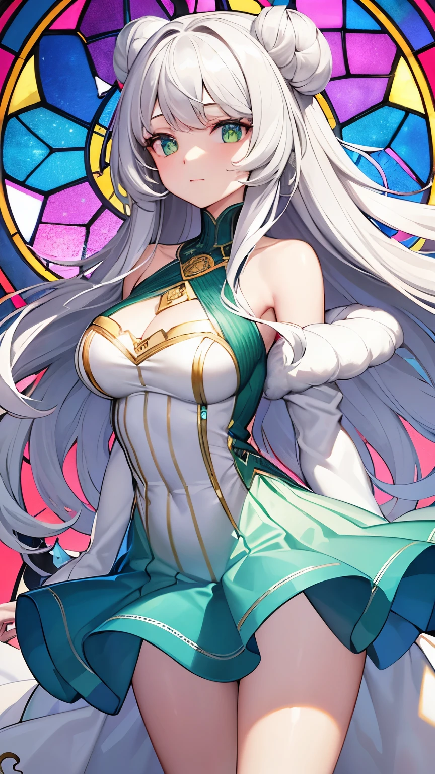 best quality, super fine, 16k, incredibly absurdres, extremely detailed, cute beauty, shy, dull ivory hair, wind, wind-effect, wearing loose and fluffy dress, loose and fluffy sweater, loose and fluffy long skirt, dull ivory and khaki color, superlative body proportion, sparkling green eyes, BREAK , background stained glass window with a mysterious pattern made of colorful shattered gemstones and gold and silver plating and variety of visual styles that combine various artistic elements like a sparkling iridescent pastel and vivid colors
