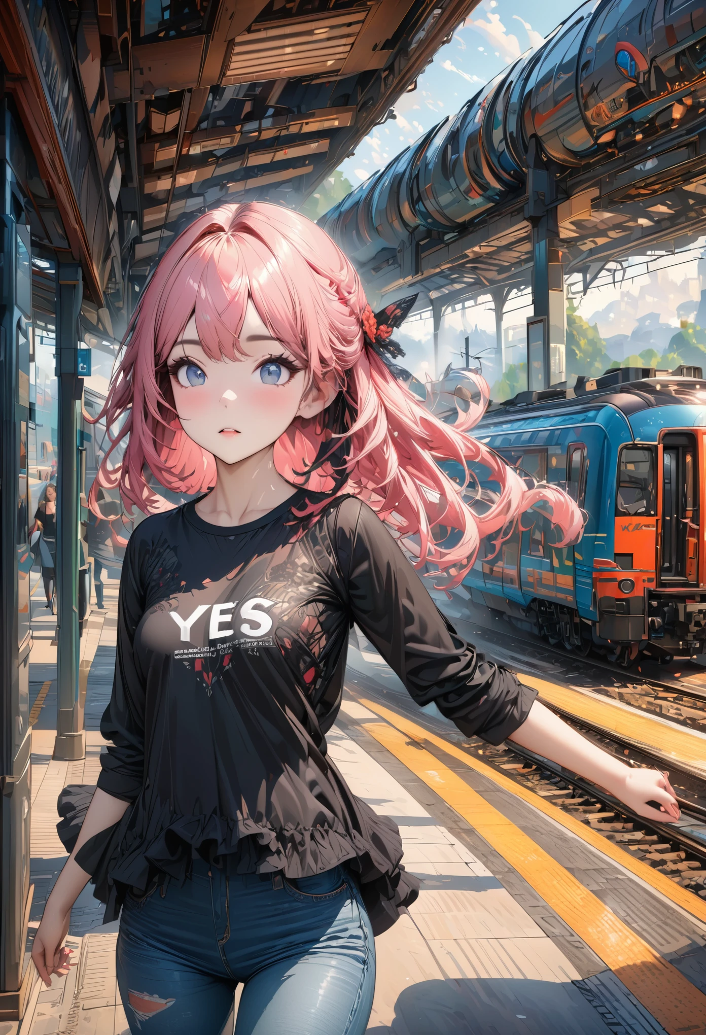 Anime girl with pink hair and blue eyes standing in front of a train ...