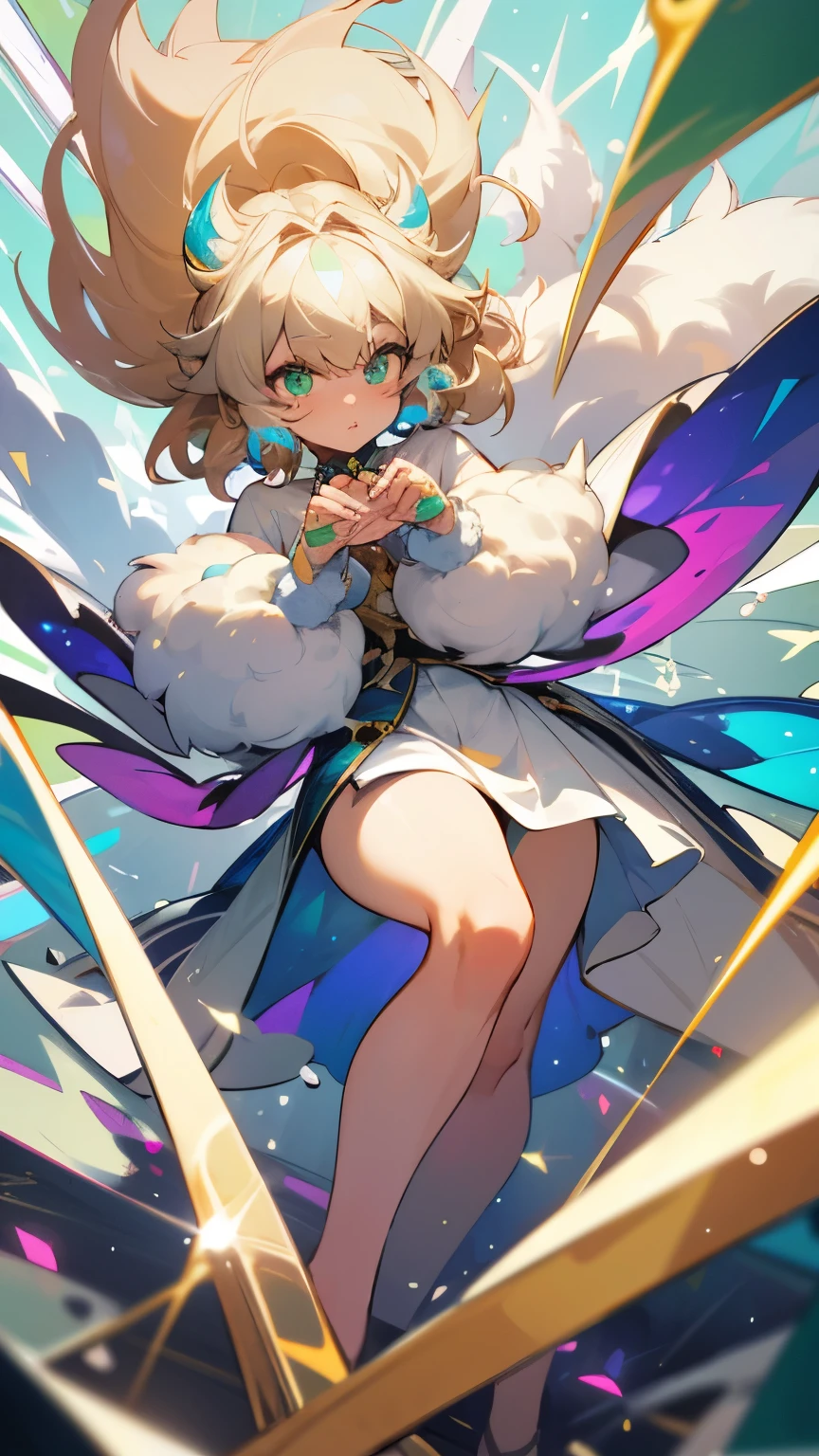 best quality, super fine, 16k, incredibly absurdres, extremely detailed, cute beauty, shy, dull ivory hair, wind, wind-effect, wearing loose and fluffy dress, loose and fluffy sweater, loose and fluffy long skirt, dull ivory and khaki color, superlative body proportion, sparkling green eyes, BREAK , background stained glass window with a mysterious pattern made of colorful shattered gemstones and gold and silver plating and variety of visual styles that combine various artistic elements like a sparkling iridescent pastel and vivid colors