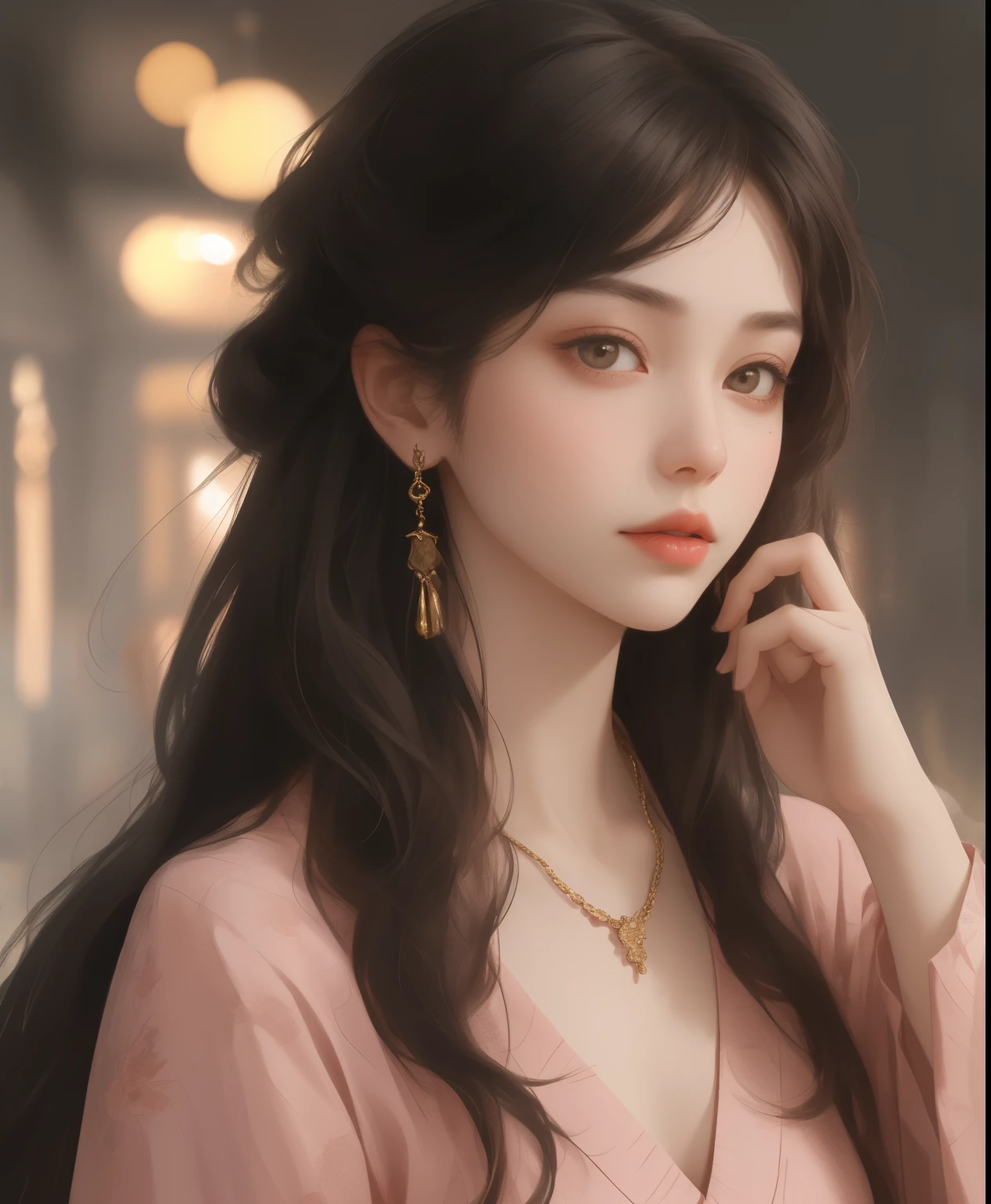"ultra-detailed, realistic portrait of a girl wearing a porcelain turtleneck dress. The dress is exquisitely adorned with delicate hair accessories and a beautiful necklace. The girl's face is meticulously crafted, featuring detailed jewelry and stunningly defined facial features. The skin texture is of the highest quality, with lifelike shading and highlights that create a three-dimensional effect. The lighting is expertly done, with shadow work and studio-edge illumination, accentuating the girl's impeccable beauty. The image is captured with a high-resolution 8K digital camera, ensuring every fine detail is visible. The background is intentionally blurred, allowing the focus to solely be on the girl and her attire. The overall atmosphere is elegant and refined, with a touch of mystery and sophistication. This masterpiece showcases the perfect combination of artistry and technological precision, resulting in a visually stunning and awe-inspiring piece."