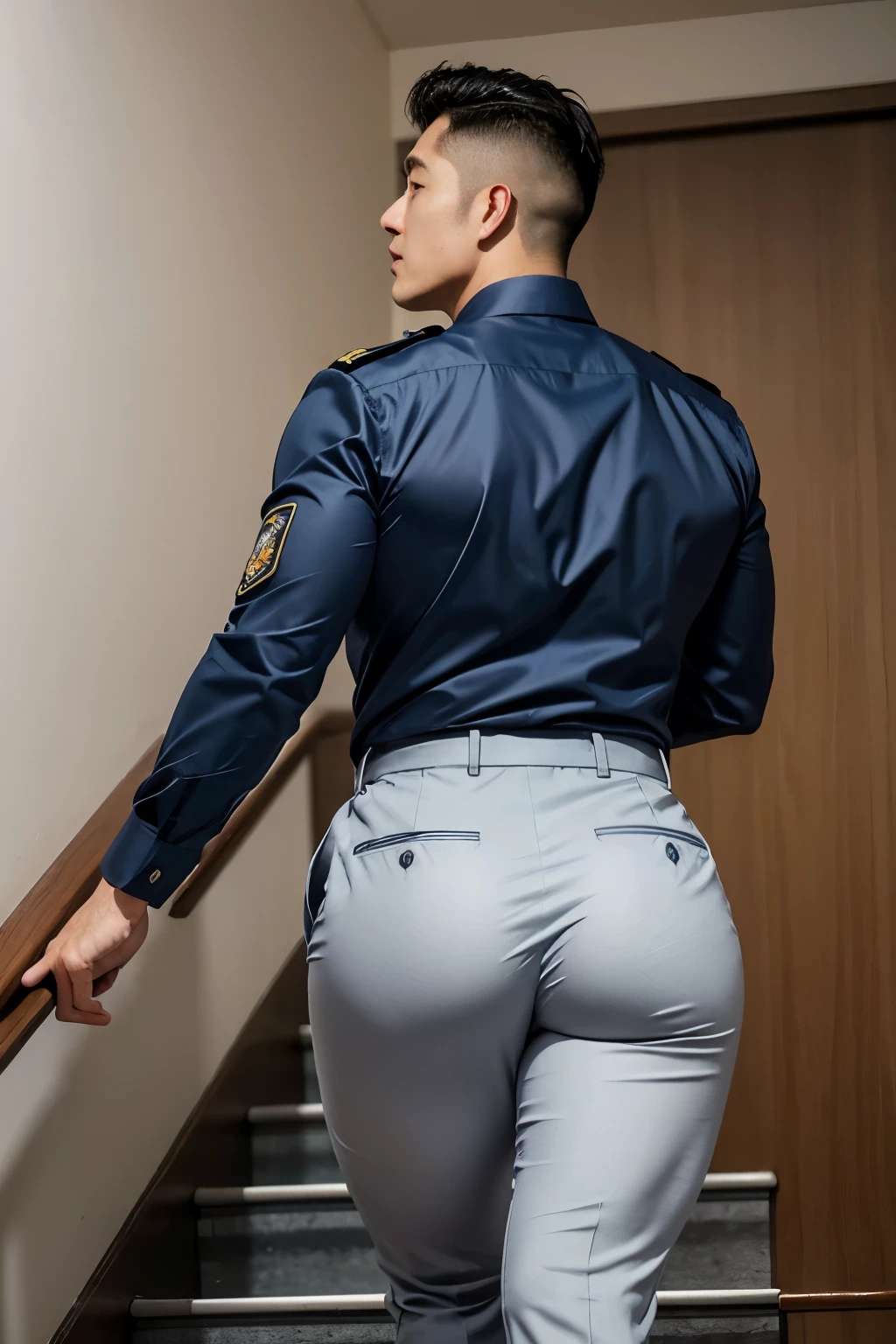 40-year-old boy ,Korean bulky male officer ,Wear navy blue police uniform shirt................ light grey satin smooth tight trouser, transparent pants obvious underwear print ,((unrealistic super big tight butt wearing pants)), walking up stairs, camera from low angle looking up