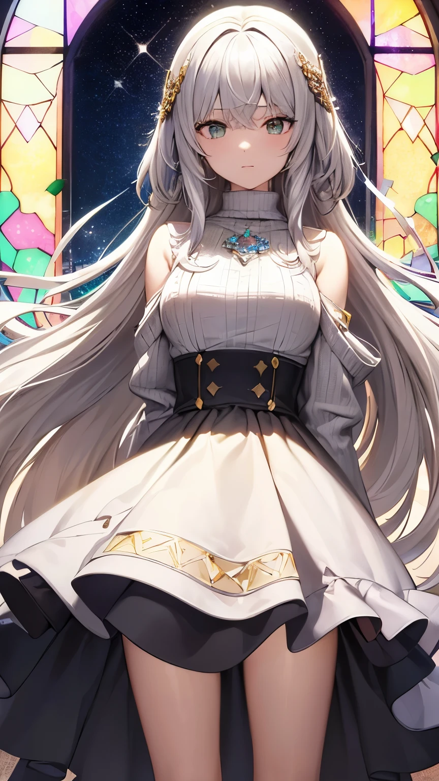best quality, super fine, 16k, incredibly absurdres, extremely detailed, cute beauty, shy, dull ivory hair, wind, wind-effect, wearing loose and fluffy dress, loose and fluffy sweater, loose and fluffy long skirt, dull ivory and khaki color, superlative body proportion, sparkling green eyes, BREAK , background stained glass window with a mysterious pattern made of colorful shattered gemstones and gold and silver plating and variety of visual styles that combine various artistic elements like a sparkling iridescent pastel and vivid colors