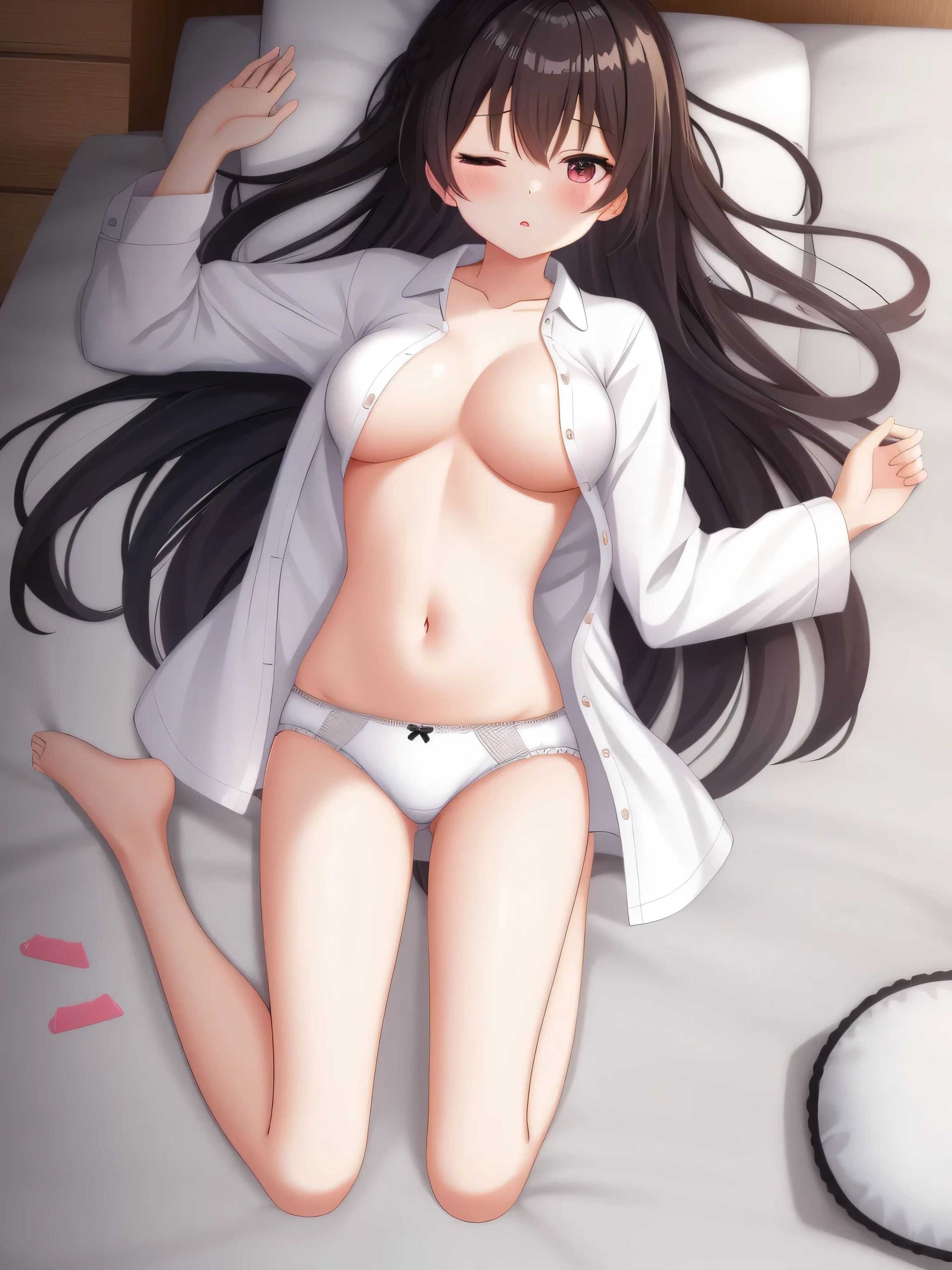 1 girl, underwear, Black hair, thigh, white_underwear,, long_hair, breast, white pajamas,unbuttoned pajamas,open income,navel,bare belly,eyes closed,eyes closed, exist_Back, In the bedroom, hindquarters, Bangs, split, blush,Lying on exist's bed,white,,white,Full body female love,arms open