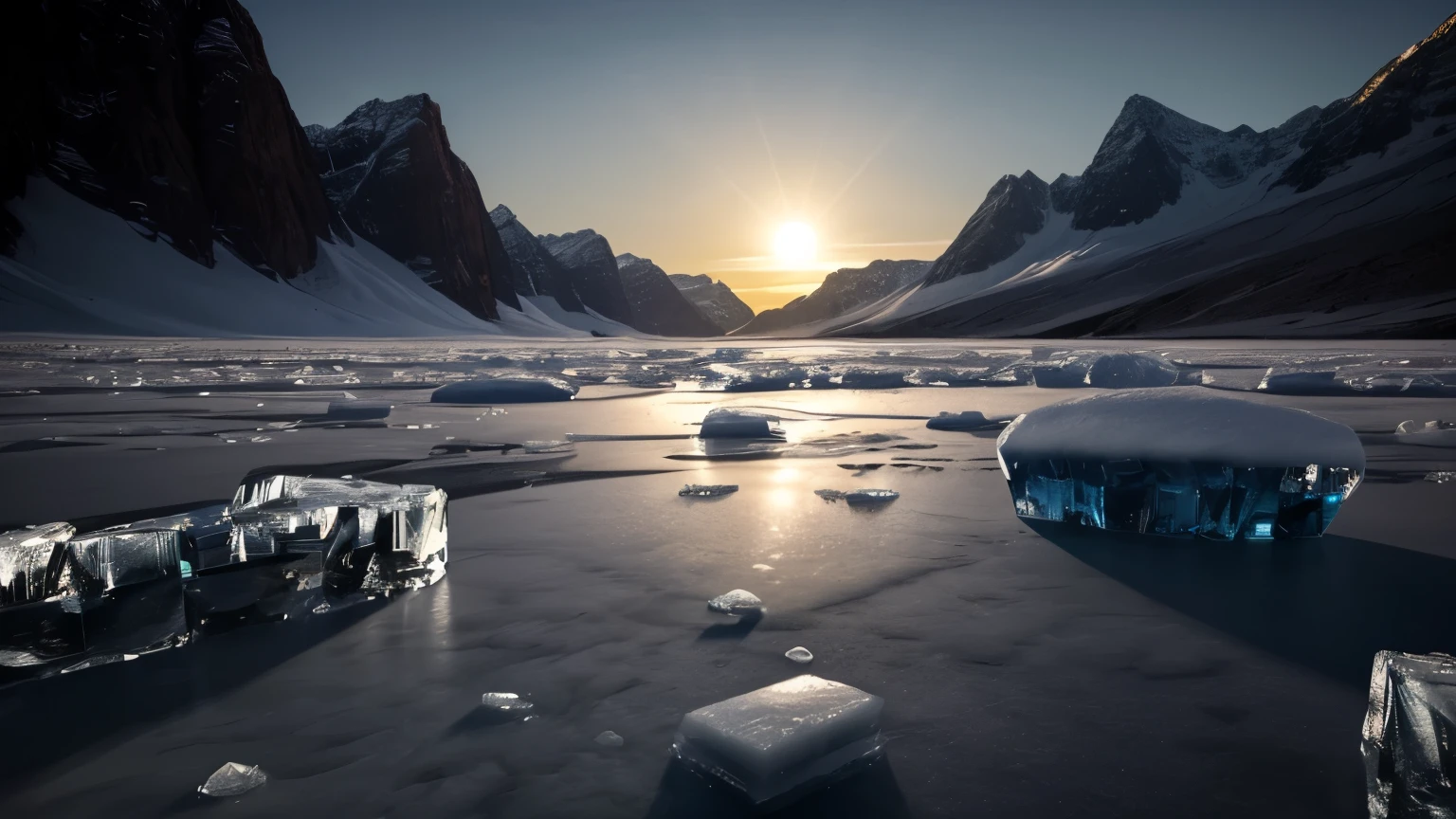 An icy landscape under the glow of an alien sun, with frozen mountains and rocky terrain. The sky is clear, showing distant galaxies in the background. A giant ice wall forms on one side of the scene, while another smaller piece floats nearby. In sharp contrast to its cold exterior, it glows warm inside, casting long shadows over its surroundings. in the style of Gabriele Dell'otto --ar 8:5 .4k