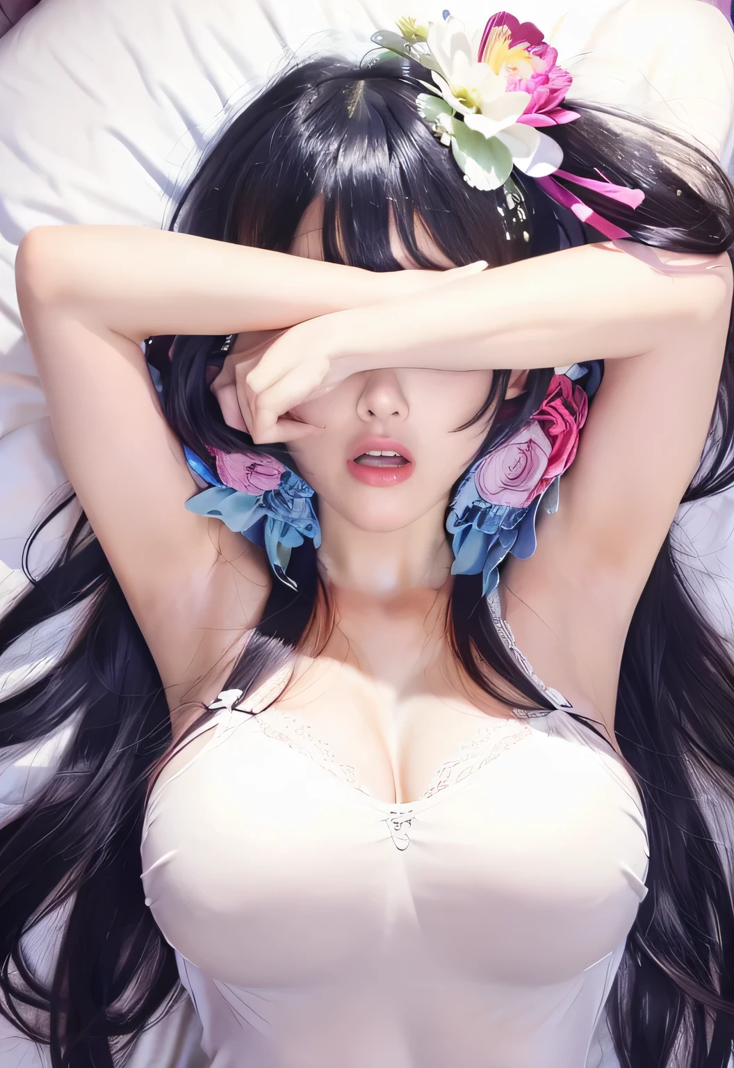 1 girl,  girl, cute girl, wearing white lingerie, laying on the bed, she covering eyes with her hands, orgasm face, (Large C breast: 1.6), real skin, realistic skin, detailed skin features, detailed skin texture, detailed clothes features, body proportions, voluptious body, ultra-detailed, real face, sweat on face, detailed facial features, long black hair, mouth open wide, parted lips, gloss on lips, detailed face and breast, best quality, masterpiece, 8k, RAW photography, cinematic lightning, (Best Quality:1.4), 8K resolution, High resolution, (Photorealistic, High resolution:1.4), Raw photo, (Realistic, Photorealistic:1.37),