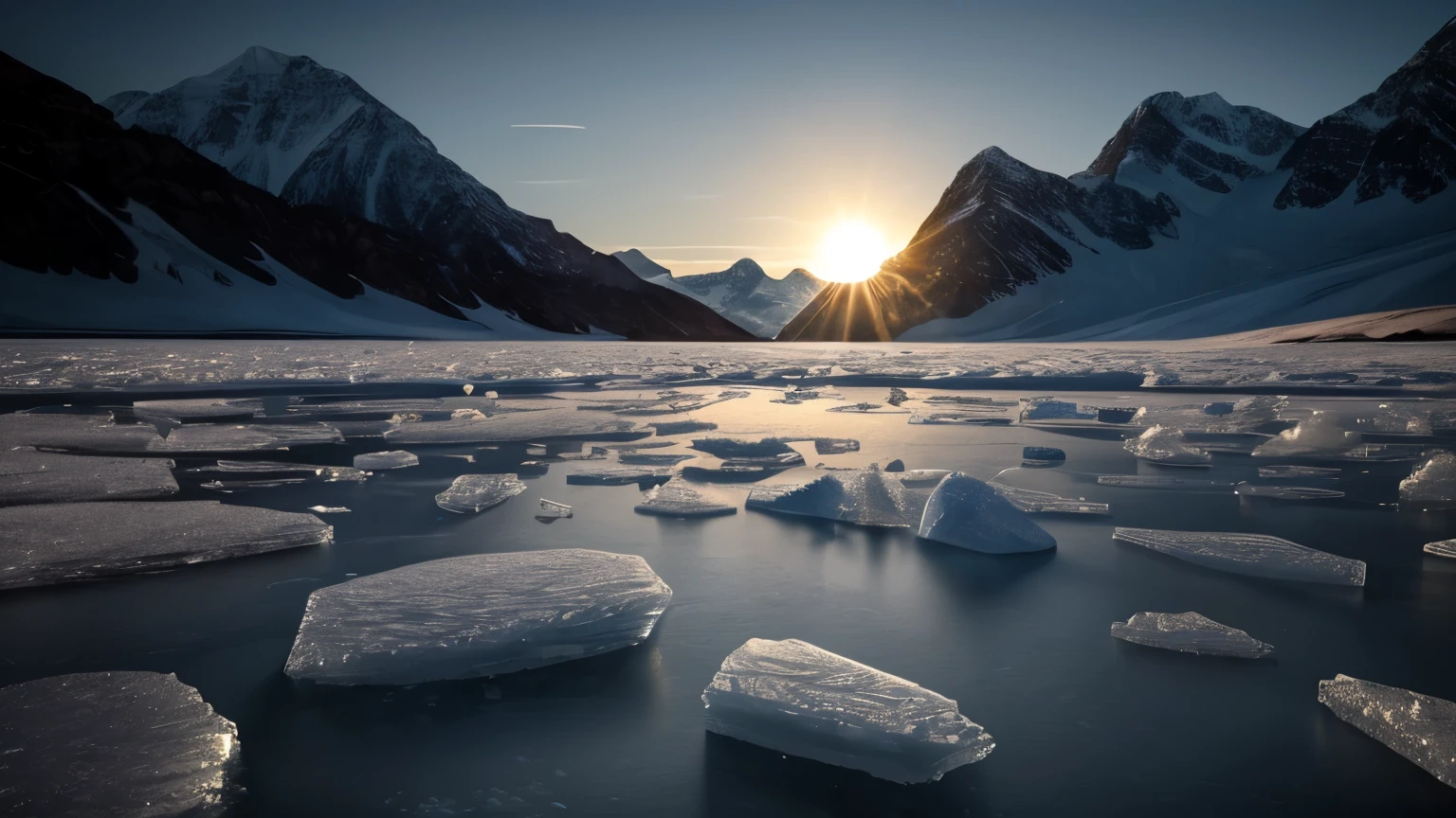 An icy landscape under the glow of an alien sun, with frozen mountains and rocky terrain. The sky is clear, showing distant galaxies in the background. A giant ice wall forms on one side of the scene, while another smaller piece floats nearby. In sharp contrast to its cold exterior, it glows warm inside, casting long shadows over its surroundings. in the style of Gabriele Dell'otto --ar 8:5 .4k