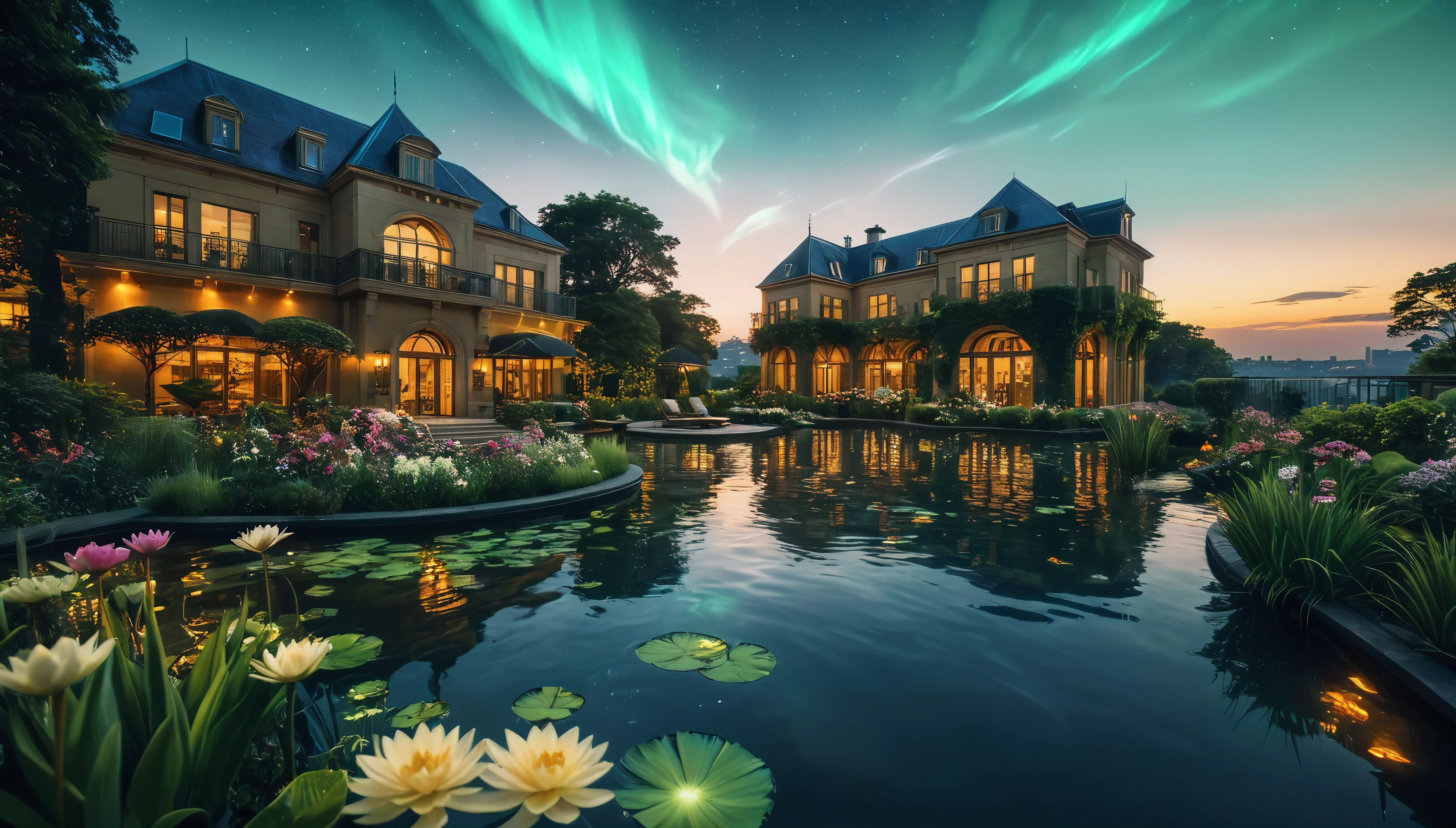((Masterpiece in maximum 16K resolution):1.6),((soft_color_photograpy:)1.5), ((Ultra-Detailed):1.4),((Movie-like still images and dynamic angles):1.3), ((motion blur):1.1),((Ultra wide angle):1.5),((fisheye lens photo):1.3). | Architectural Digest photo of a maximalist green {vaporwave/steampunk/solarpunk} evening pond at a penthouse with a lots of flowers and plants, golden light, hyperrealistic surrealism, award winning masterpiece with incredible details, epic stunning, ((tyndall effect):1.1), ((serene night):1.2), ((very dark evening sky):1.5), ((sense of serenity):1.1), (shimmer), (visual experience), (Realism), (Realistic), award-winning graphics, dark shot, film grain, extremely detailed, Digital Art, rtx, Unreal Engine, scene concept anti glare effect, All captured with sharp focus. Rendered in ultra-high definition with UHD and retina quality, this masterpiece ensures anatomical correctness and textured skin with super detail. With a focus on high quality and accuracy, this award-winning portrayal captures every nuance in stunning 16k resolution, immersing viewers in its lifelike depiction. Avoid extreme angles or exaggerated expressions to maintain realism. ((perfect_composition, perfect_design, perfect_layout, perfect_detail, ultra_detailed)), ((enhance_all, fix_everything)), 