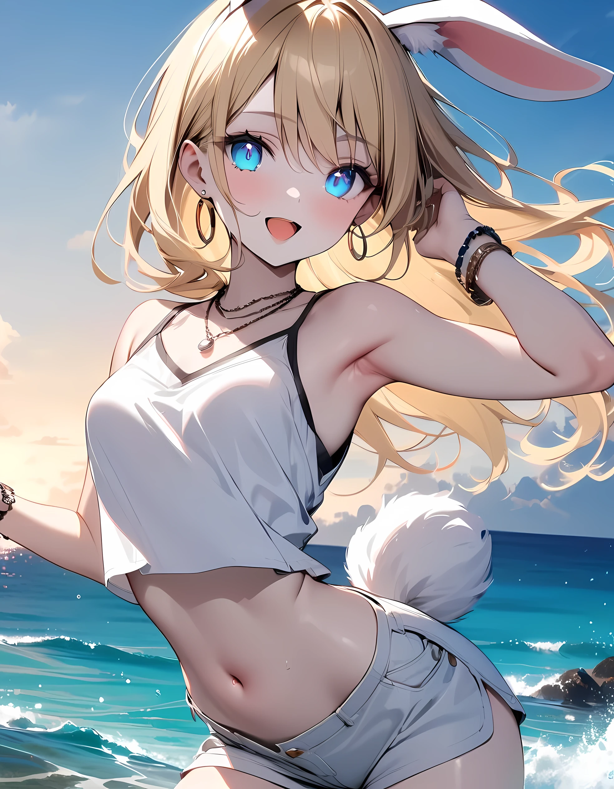 There is a woman holding a teddy bear on the beach., Kawaii realistic portrait, cute anime girl, visual anime of a cute girl, soft anime cg art, guweiz style artwork, portrait of cute anime girl, beautiful portrait, beautiful animated portrait, beautiful anime girl, cute anime girl portrait, 3d realistic anime style. with big tits 