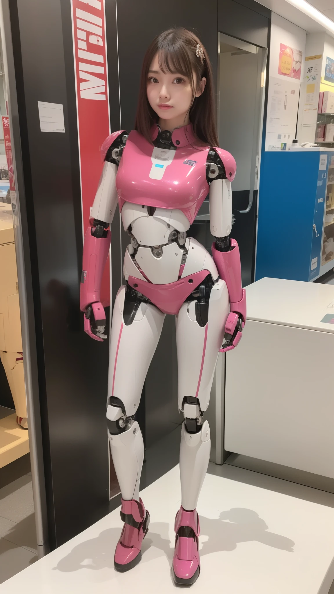 (Photorealsitic:1.4)、one robot woman、(top-quality)、(hyperdetailed face)、(Super well-formed face)、(Robot Parts)、(Female-Robot)、(25 years-old)、(Blue)、(pink there)、(Burgundy)、(metallic)、(full-body)、(sexy pose)、(Slender body)、(Model body type)、(full body mech)、(mechanical exposure)、(Akihabara)、(is looking at the camera)、(A brown-haired)、(Well-proportioned body)、(a small face)、(a small head)、(well-groomed fingers)、(Idol)、(front facing)、(Standing with legs open)、(Photo session)、(Looks sad)、(perfect-female-robot)、(perfect-mechanical-body)