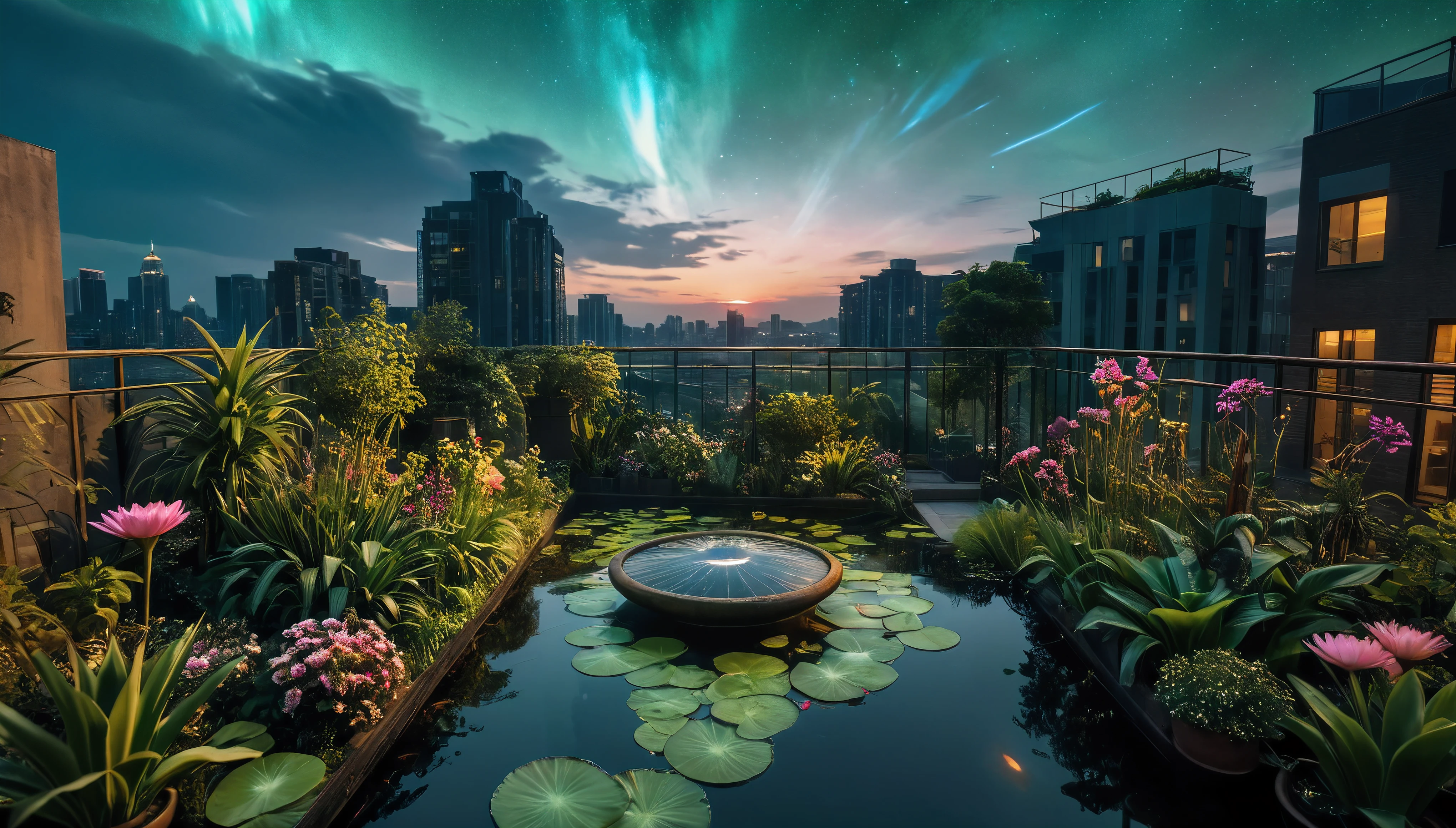 ((Masterpiece in maximum 16K resolution):1.6),((soft_color_photograpy:)1.5), ((Ultra-Detailed):1.4),((Movie-like still images and dynamic angles):1.3), ((motion blur):1.1),((Ultra wide angle):1.5),((fisheye lens photo):1.3). | Architectural Digest photo of a maximalist green {vaporwave/steampunk/solarpunk} evening pond at a penthouse with a lots of flowers and plants, golden light, hyperrealistic surrealism, award winning masterpiece with incredible details, epic stunning, ((tyndall effect):1.1), ((serene night):1.2), ((very dark evening sky):1.5), ((sense of serenity):1.1), (shimmer), (visual experience), (Realism), (Realistic), award-winning graphics, dark shot, film grain, extremely detailed, Digital Art, rtx, Unreal Engine, scene concept anti glare effect, All captured with sharp focus. Rendered in ultra-high definition with UHD and retina quality, this masterpiece ensures anatomical correctness and textured skin with super detail. With a focus on high quality and accuracy, this award-winning portrayal captures every nuance in stunning 16k resolution, immersing viewers in its lifelike depiction. Avoid extreme angles or exaggerated expressions to maintain realism. ((perfect_composition, perfect_design, perfect_layout, perfect_detail, ultra_detailed)), ((enhance_all, fix_everything)), 