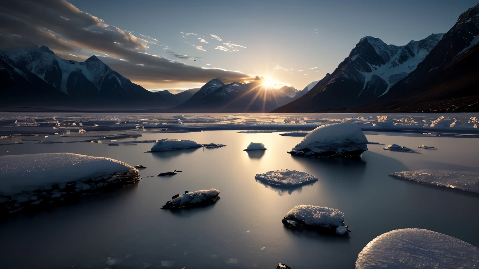 An icy landscape under the glow of an alien sun, with frozen mountains and rocky terrain. The sky is clear, showing distant galaxies in the background. A giant ice wall forms on one side of the scene, while another smaller piece floats nearby. In sharp contrast to its cold exterior, it glows warm inside, casting long shadows over its surroundings. in the style of Gabriele Dell'otto --ar 8:5 .4k