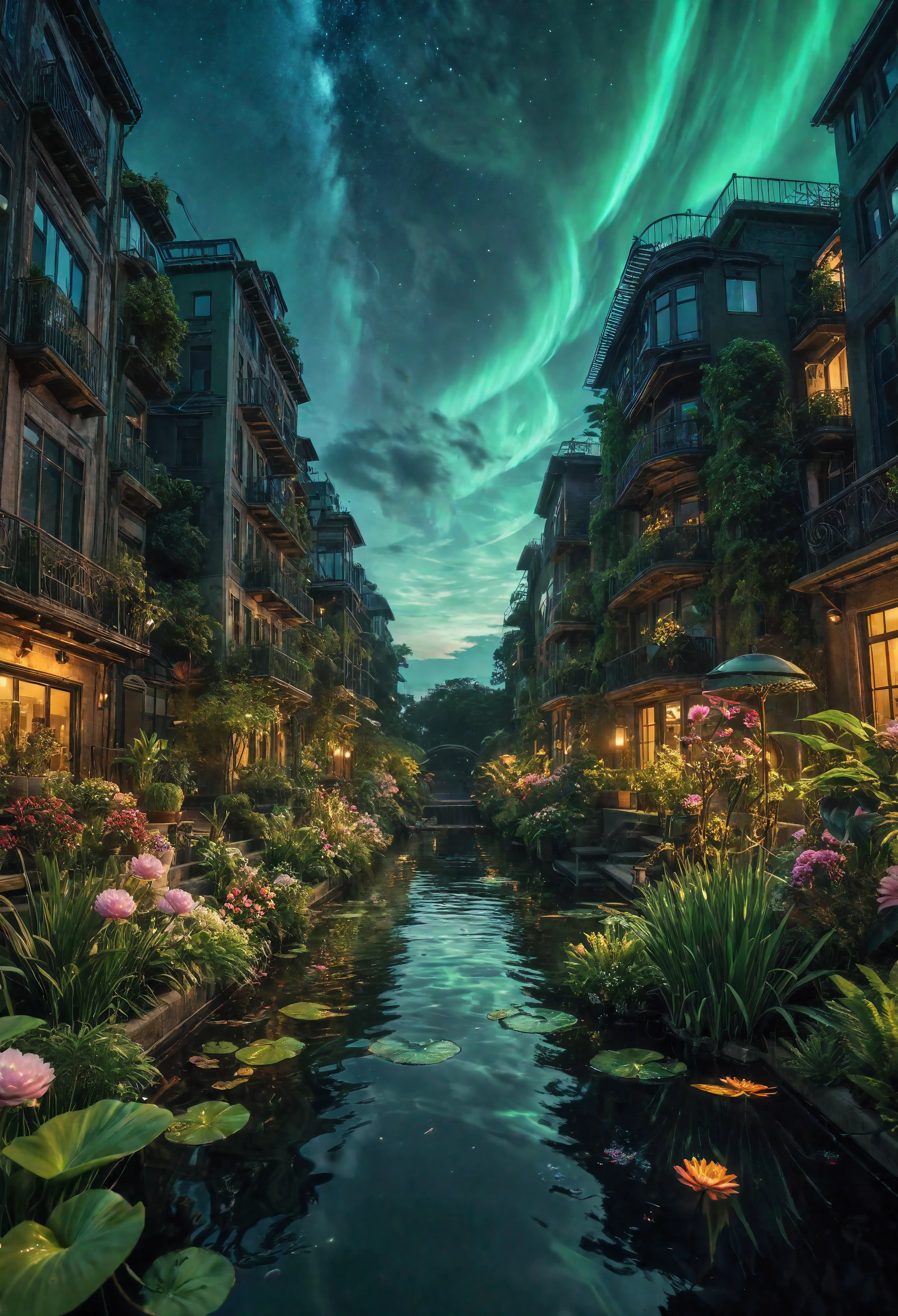 ((Masterpiece in maximum 16K resolution):1.6),((soft_color_photograpy:)1.5), ((Ultra-Detailed):1.4),((Movie-like still images and dynamic angles):1.3), ((motion blur):1.1),((Ultra wide angle):1.5),((fisheye lens photo):1.3). | Architectural Digest photo of a maximalist green {vaporwave/steampunk/solarpunk} evening pond at a penthouse with a lots of flowers and plants, golden light, hyperrealistic surrealism, award winning masterpiece with incredible details, epic stunning, ((tyndall effect):1.1), ((serene night):1.2), ((very dark evening sky):1.5), ((sense of serenity):1.1), (shimmer), (visual experience), (Realism), (Realistic), award-winning graphics, dark shot, film grain, extremely detailed, Digital Art, rtx, Unreal Engine, scene concept anti glare effect, All captured with sharp focus. Rendered in ultra-high definition with UHD and retina quality, this masterpiece ensures anatomical correctness and textured skin with super detail. With a focus on high quality and accuracy, this award-winning portrayal captures every nuance in stunning 16k resolution, immersing viewers in its lifelike depiction. Avoid extreme angles or exaggerated expressions to maintain realism. ((perfect_composition, perfect_design, perfect_layout, perfect_detail, ultra_detailed)), ((enhance_all, fix_everything)), 