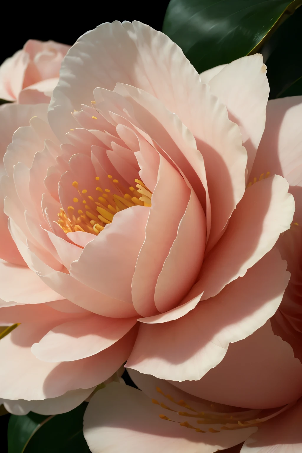 A stunningly realistic camellia flower, elegant and pure in its pale red hues, blooming in a tranquil setting. The intricacies of its petals are captured in lifelike detail, every vein and texture visible in high definition, 8K ultra clarity.
