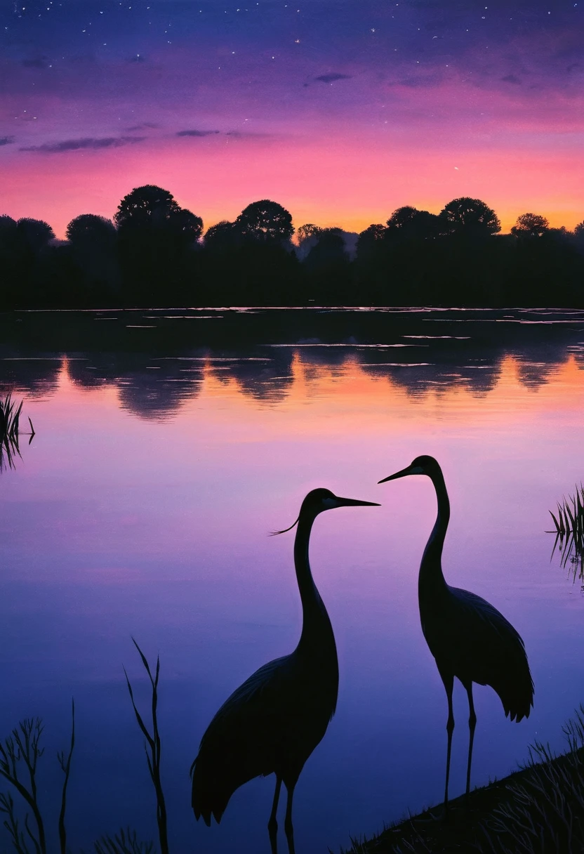   Deep twilight evening pond twilight scene sky gradually darkening，The light in the pond is getting fainter，Create a mysterious atmosphere。

           Silhouettes of two cranes in the evening(anatomically correct) standing on the water(Put it in the foreground)，Create a harmonious scene. Beautiful view of the pond in the evening.，Let people feel the calmness of nature and the mysterious atmosphere of beautiful light and shadow art, Highly detailed digital art in pastel colors，fantasy art behavior，Surreal high-definition pictures