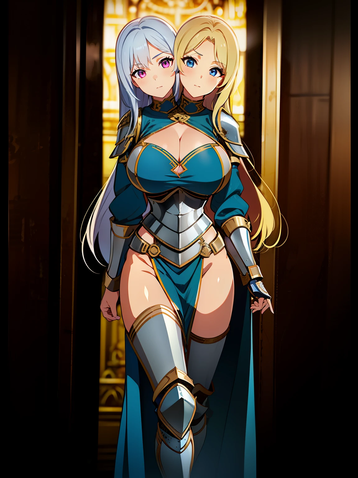 (masterpiece),(ultra-detailed), (high quality), (high resolution), (best quality:1.5, highres, UHD), highres, absurdo, ultra detail, ultra quality, (2heads:1.5), 1girl, (long hair), blonde hair, silver hair, blue eyes, pink eyes, cleavage, thighs, (white armor), female warrior, (fully armored), (medieval outfit), sword, armored chest piece, gorgeous female knight, Guild Clothes with Armor, ((mature woman)), seductive silhouette, cleavage, smooth and lustrous skin, sexy proportions, slim legs, ((beautifully tall and slim woman))