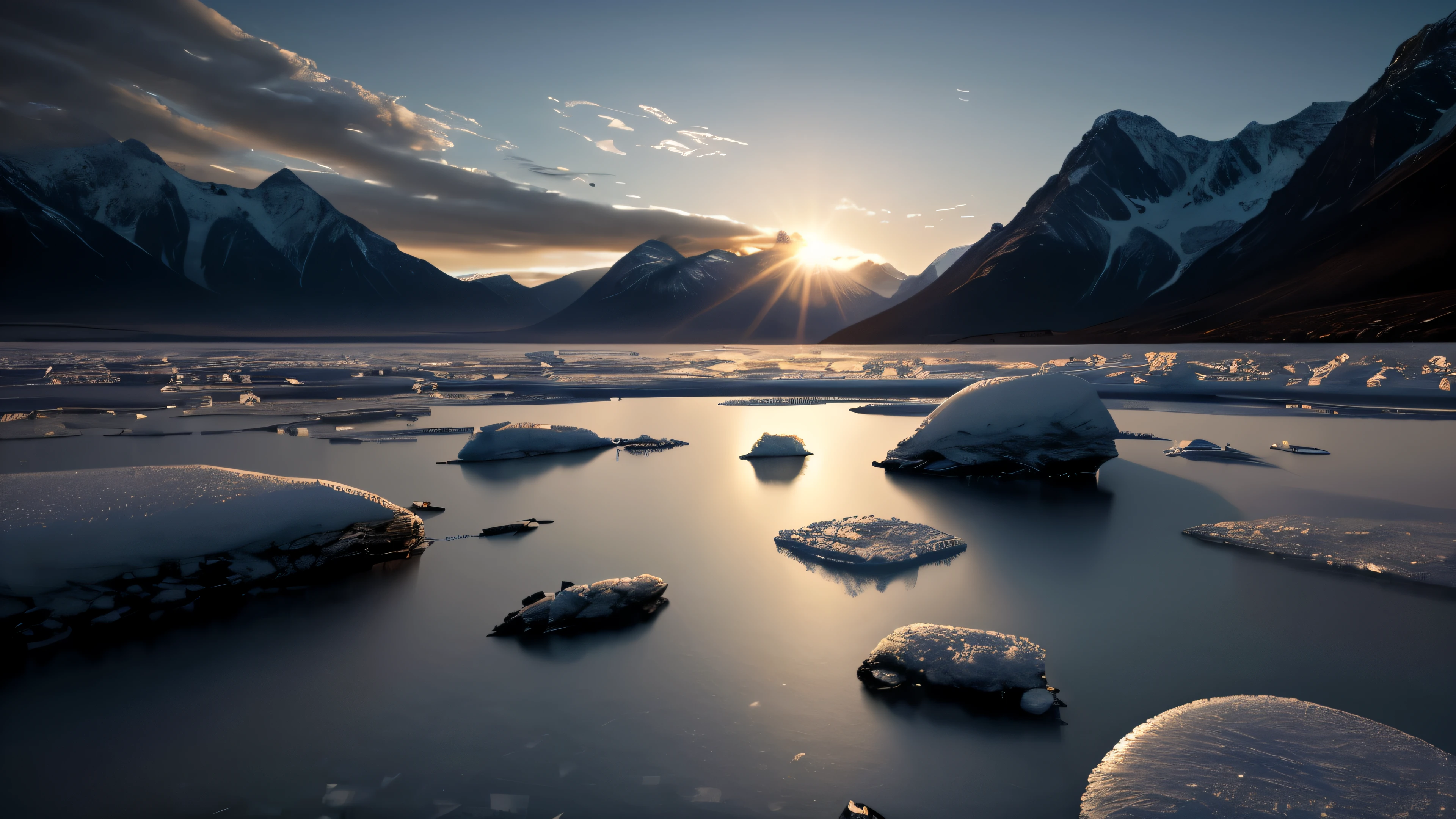 An icy landscape under the glow of an alien sun, with frozen mountains and rocky terrain. The sky is clear, showing distant galaxies in the background. A giant ice wall forms on one side of the scene, while another smaller piece floats nearby. In sharp contrast to its cold exterior, it glows warm inside, casting long shadows over its surroundings. in the style of Gabriele Dell'otto --ar 8:5 .4k