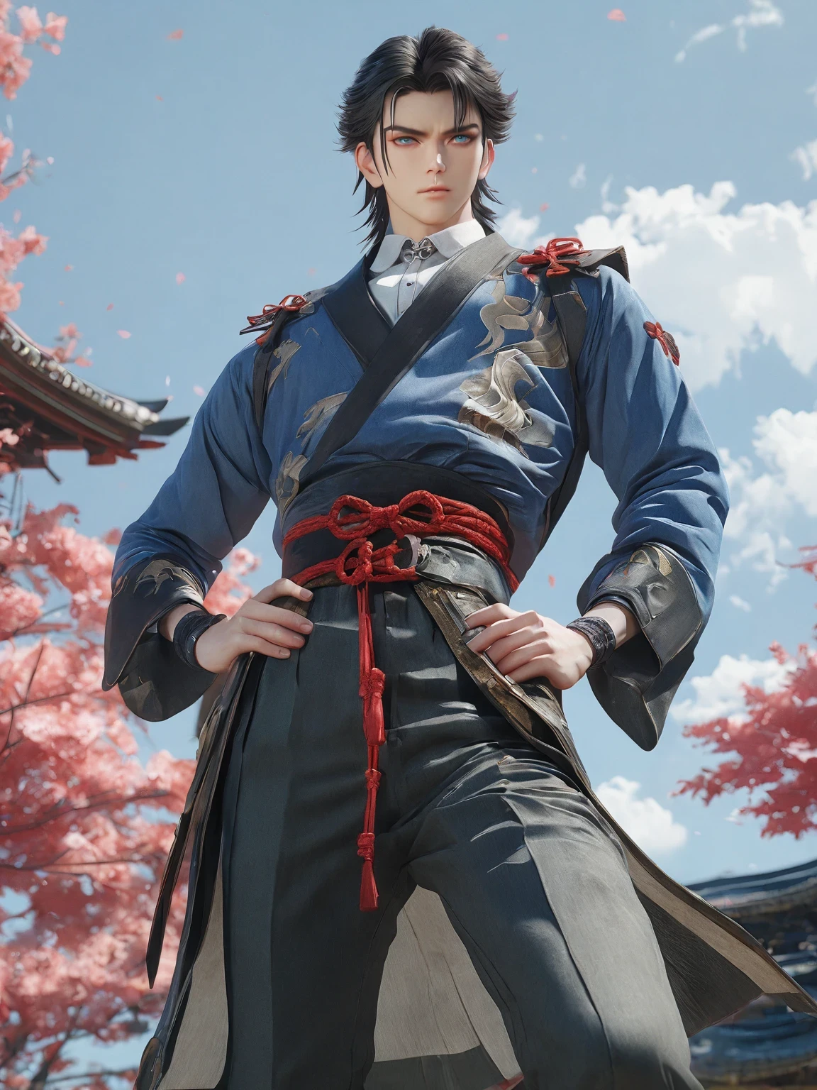 diy14,Highest quality, ultra-high definition, masterpieces, 8k, realistic, anime styled, 3d render,anime - style image of a man in a black suit and red and blue jacket, handsome guy in demon slayer art, anime style 4 k, badass anime 8 k, handsome anime pose, tall anime guy with blue eyes, by Yang J, high quality fanart, anime art wallpaper 8 k, high quality anime artstyle, young anime man, demon slayer rui fanart