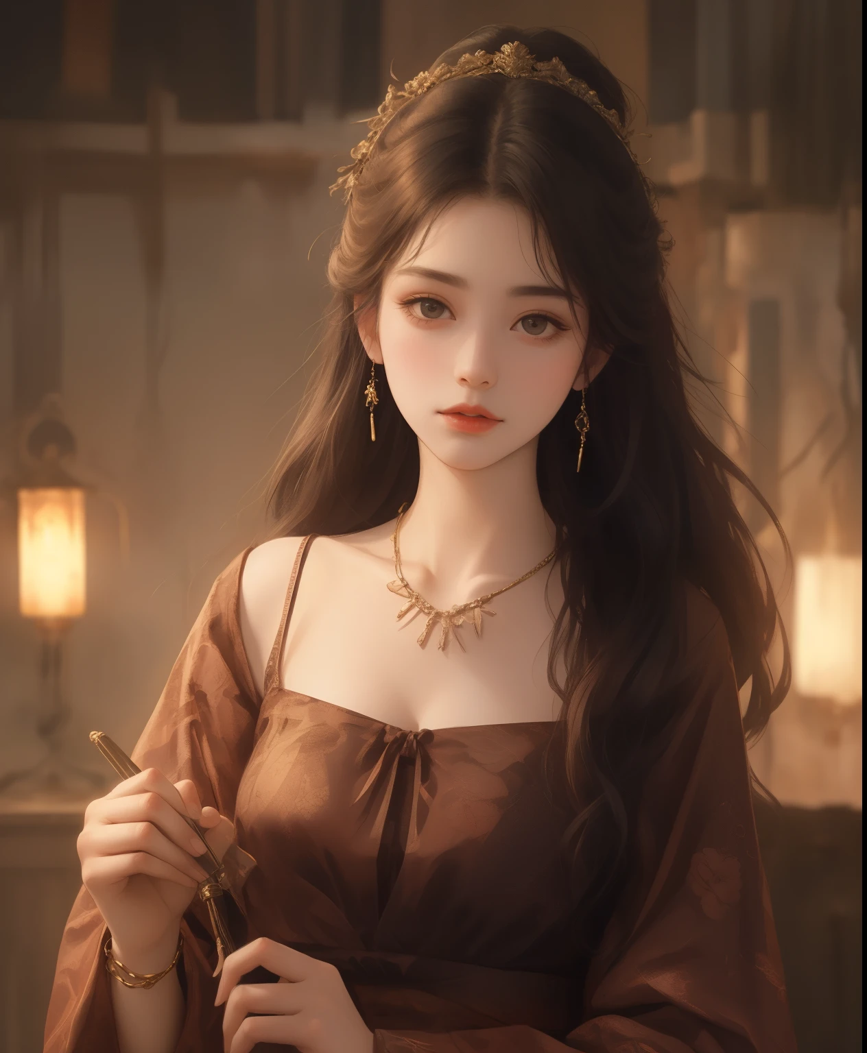 "ultra-detailed, realistic portrait of a girl wearing a porcelain turtleneck dress. The dress is exquisitely adorned with delicate hair accessories and a beautiful necklace. The girl's face is meticulously crafted, featuring detailed jewelry and stunningly defined facial features. The skin texture is of the highest quality, with lifelike shading and highlights that create a three-dimensional effect. The lighting is expertly done, with shadow work and studio-edge illumination, accentuating the girl's impeccable beauty. The image is captured with a high-resolution 8K digital camera, ensuring every fine detail is visible. The background is intentionally blurred, allowing the focus to solely be on the girl and her attire. The overall atmosphere is elegant and refined, with a touch of mystery and sophistication. This masterpiece showcases the perfect combination of artistry and technological precision, resulting in a visually stunning and awe-inspiring piece."