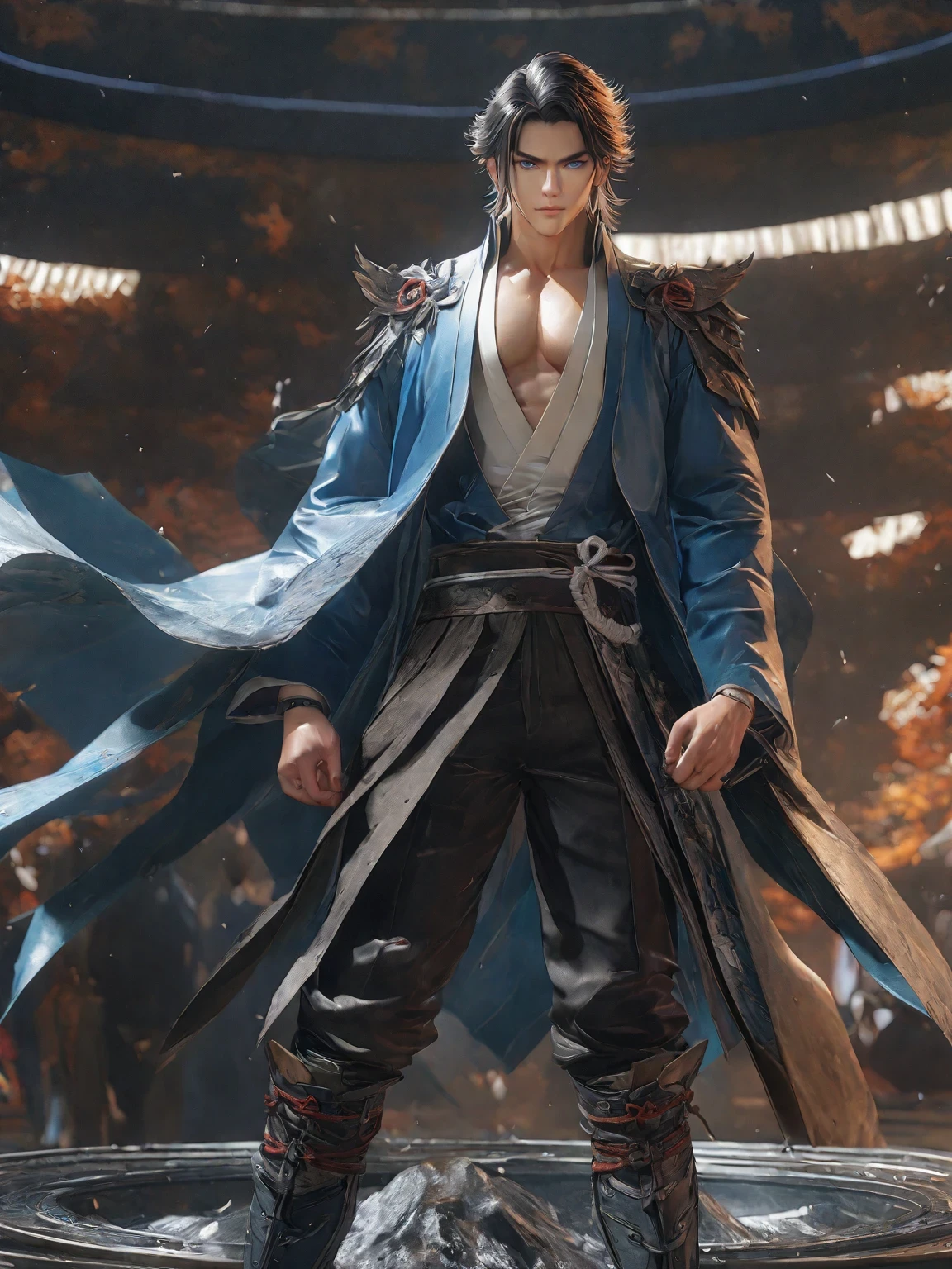 diy14,Highest quality, ultra-high definition, masterpieces, 8k, realistic, anime styled, 3d render,anime - style image of a man in a black suit and red and blue jacket, handsome guy in demon slayer art, anime style 4 k, badass anime 8 k, handsome anime pose, tall anime guy with blue eyes, by Yang J, high quality fanart, anime art wallpaper 8 k, high quality anime artstyle, young anime man, demon slayer rui fanart