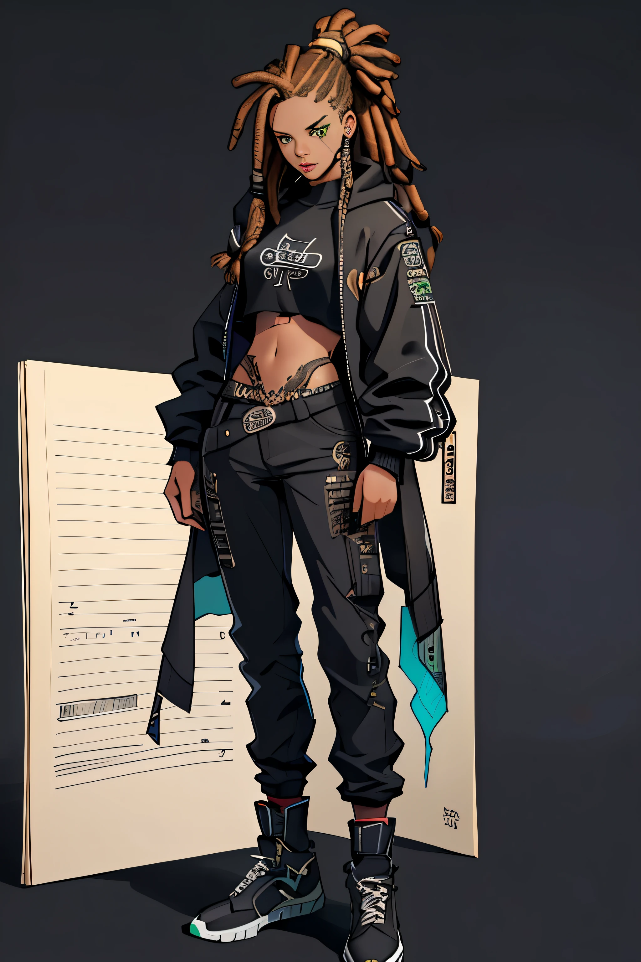1 girl, ekko arcane hair, dreadlocks, teenager, rock jacket, pants, black clothing, Brown hair, light background, full body, long hair, teenager, tribal tattoo, colorful parts, sketchbook, hand drawn hand, symbols, dark , bold, realistic sketch, sketch, mixing dark lines and loose lines, bold lines, on paper, turn on character sheet, human woman, green eyes, full body, imposing pose, lots of details, stylish outfit, symbols, runes , dark theme , black shirt, beautiful, pretty, modest